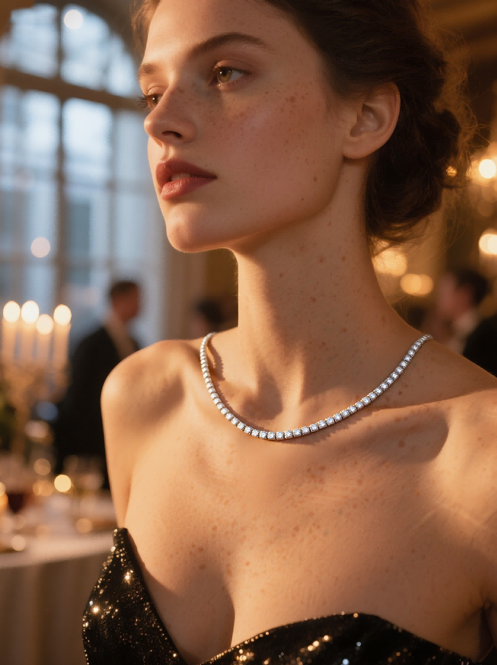 BuzzBloom customer showcasing diamond tennis choker necklace, luxury event style for women