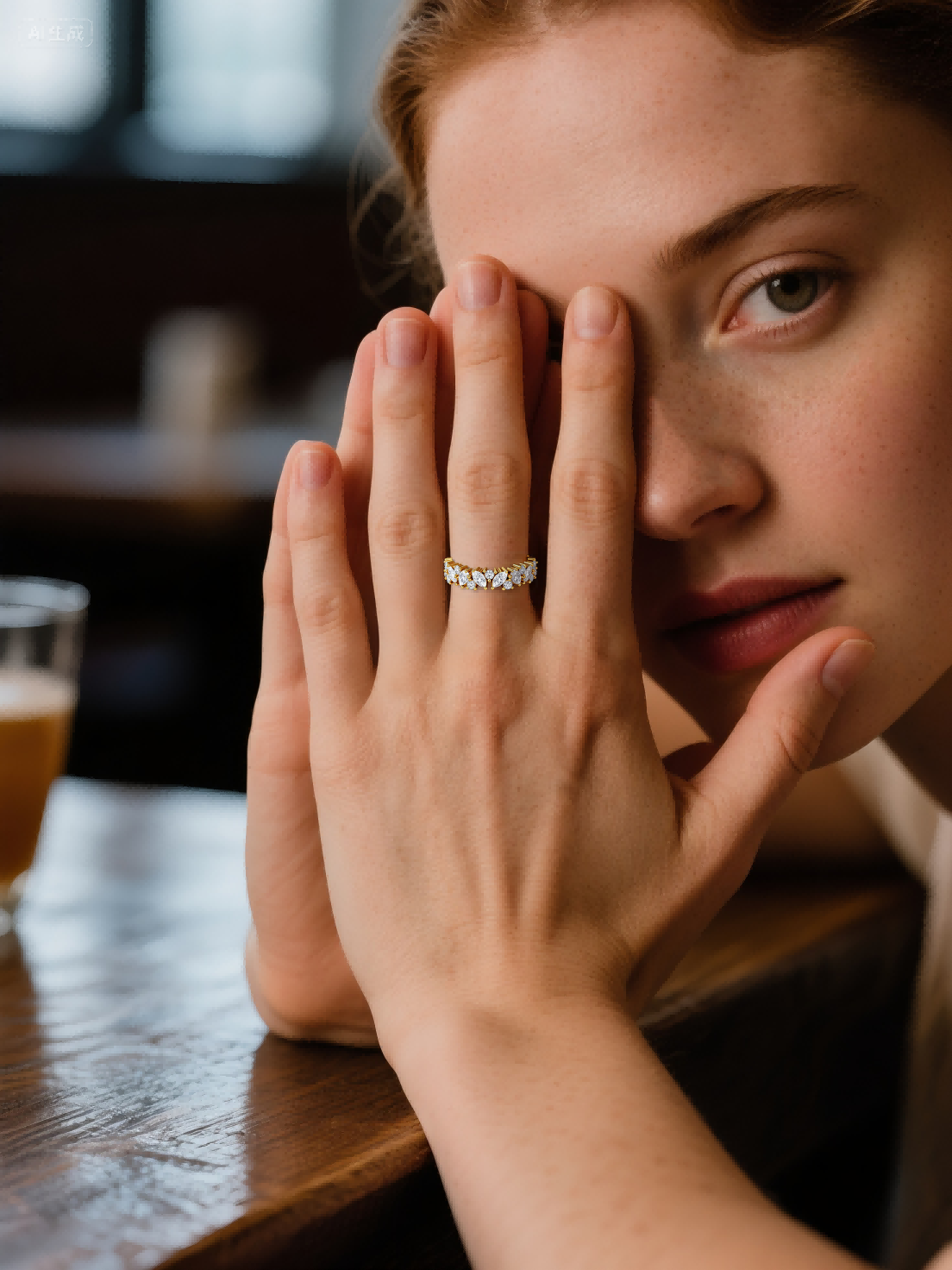 BuzzBloom customer wearing vintage marquise moissanite eternity ring in cafe lifestyle scene, stylish gold moissanite band for modern women