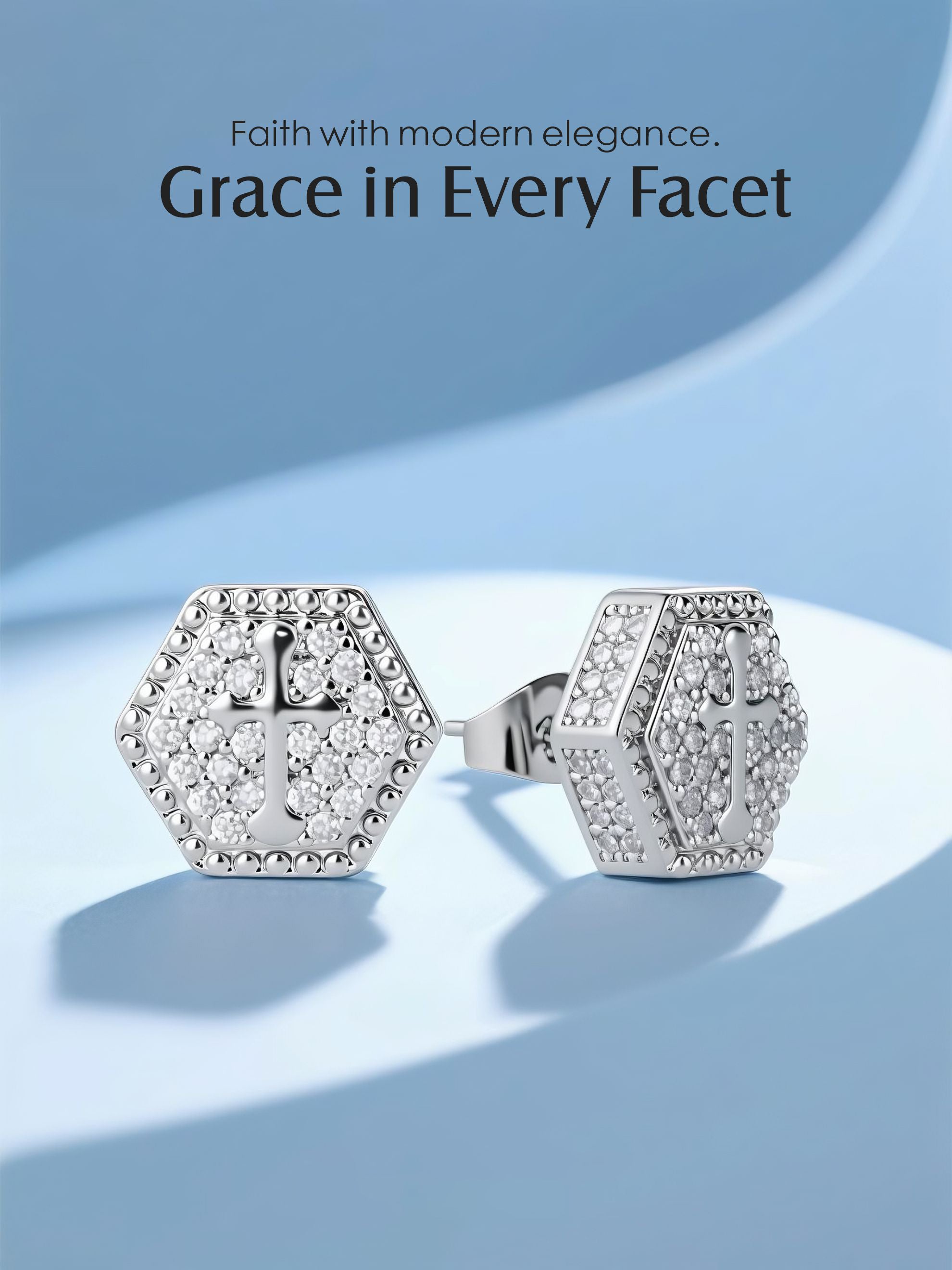 14K Hexagonal Cross Diamond Stud Earrings