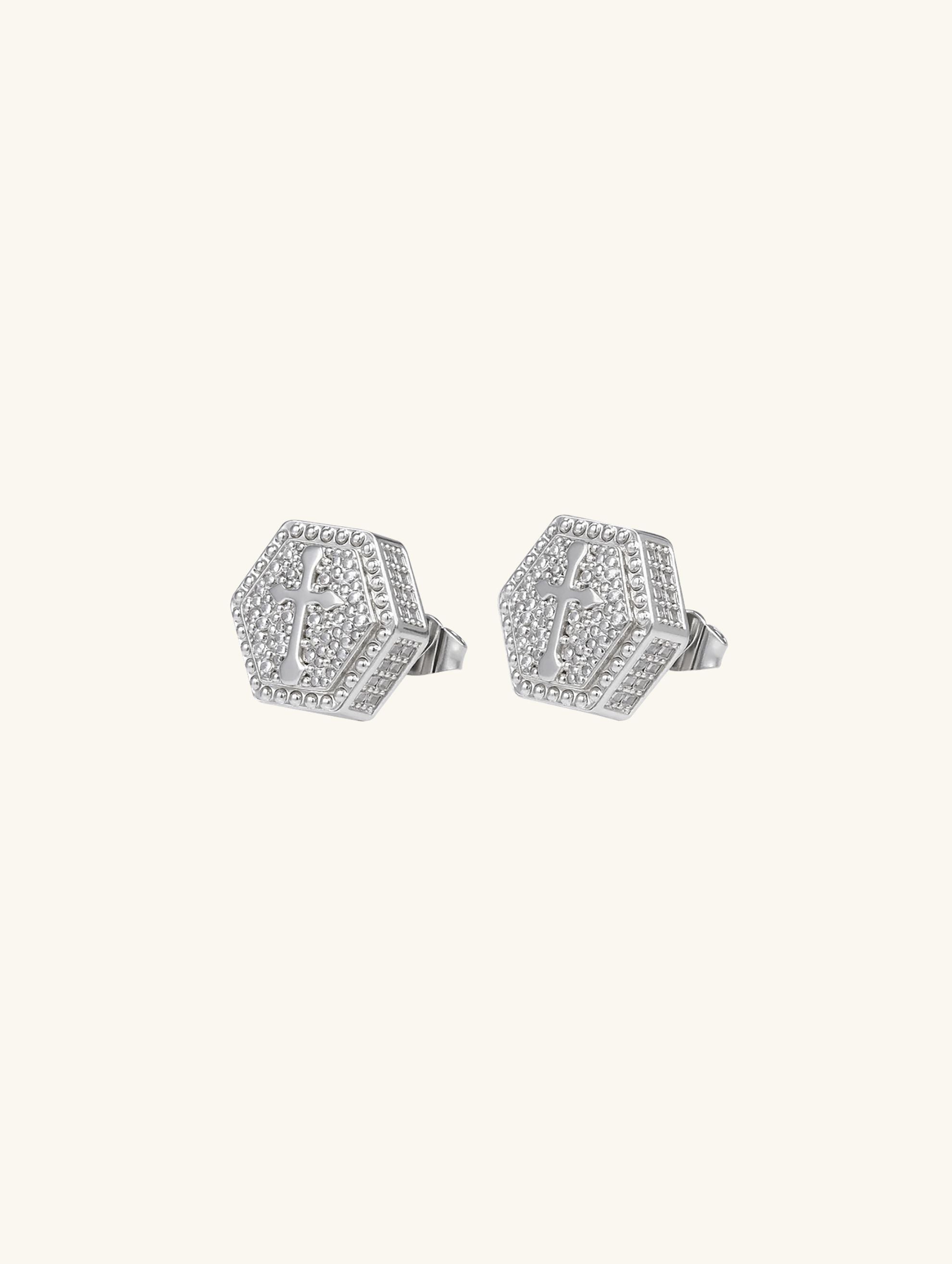 14K Hexagonal Cross Diamond Stud Earrings
