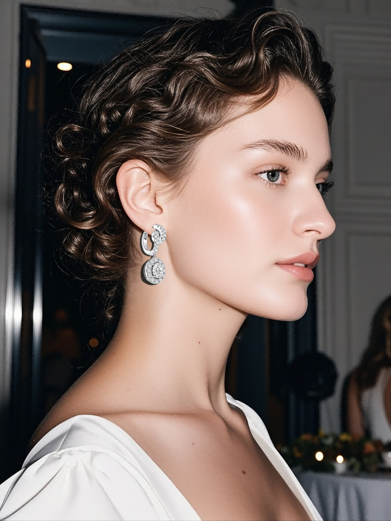 Customer wearing 14K gold diamond earrings at night street café, BUZZBLOOM fine jewelry for elegant women