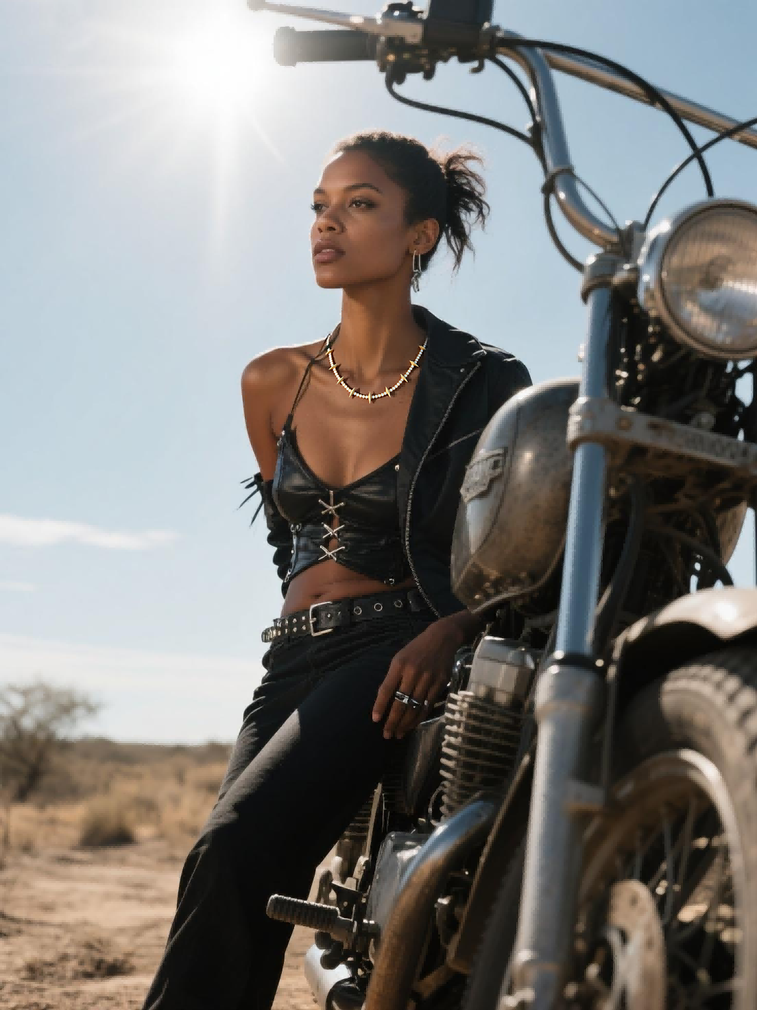 Customer wearing BuzzBloom 14k gold diamond tennis chain necklace desert motorcycle scene, edgy women’s jewelry