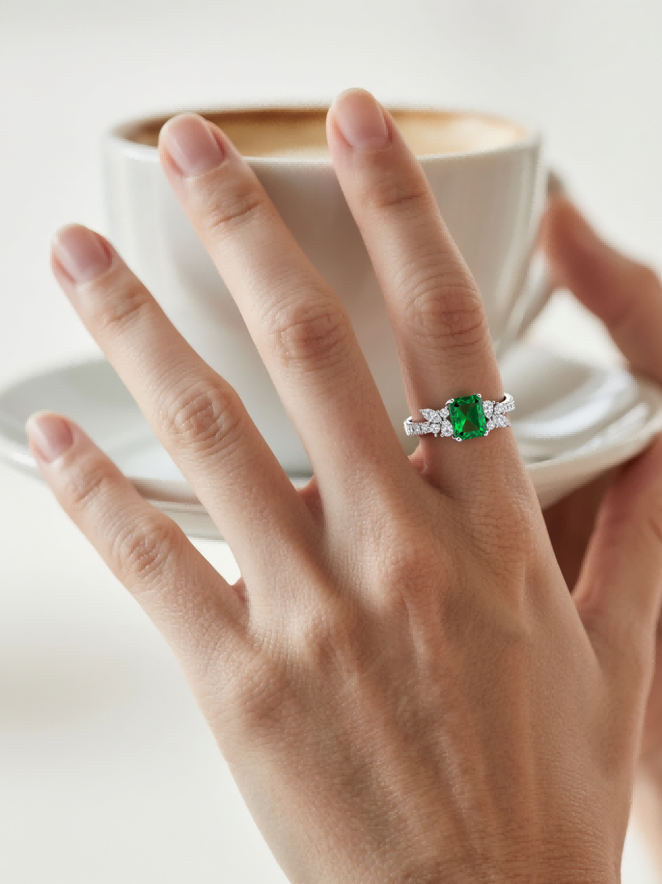 Customer wearing emerald cut green gemstone cluster diamond ring in elegant lifestyle setting for women