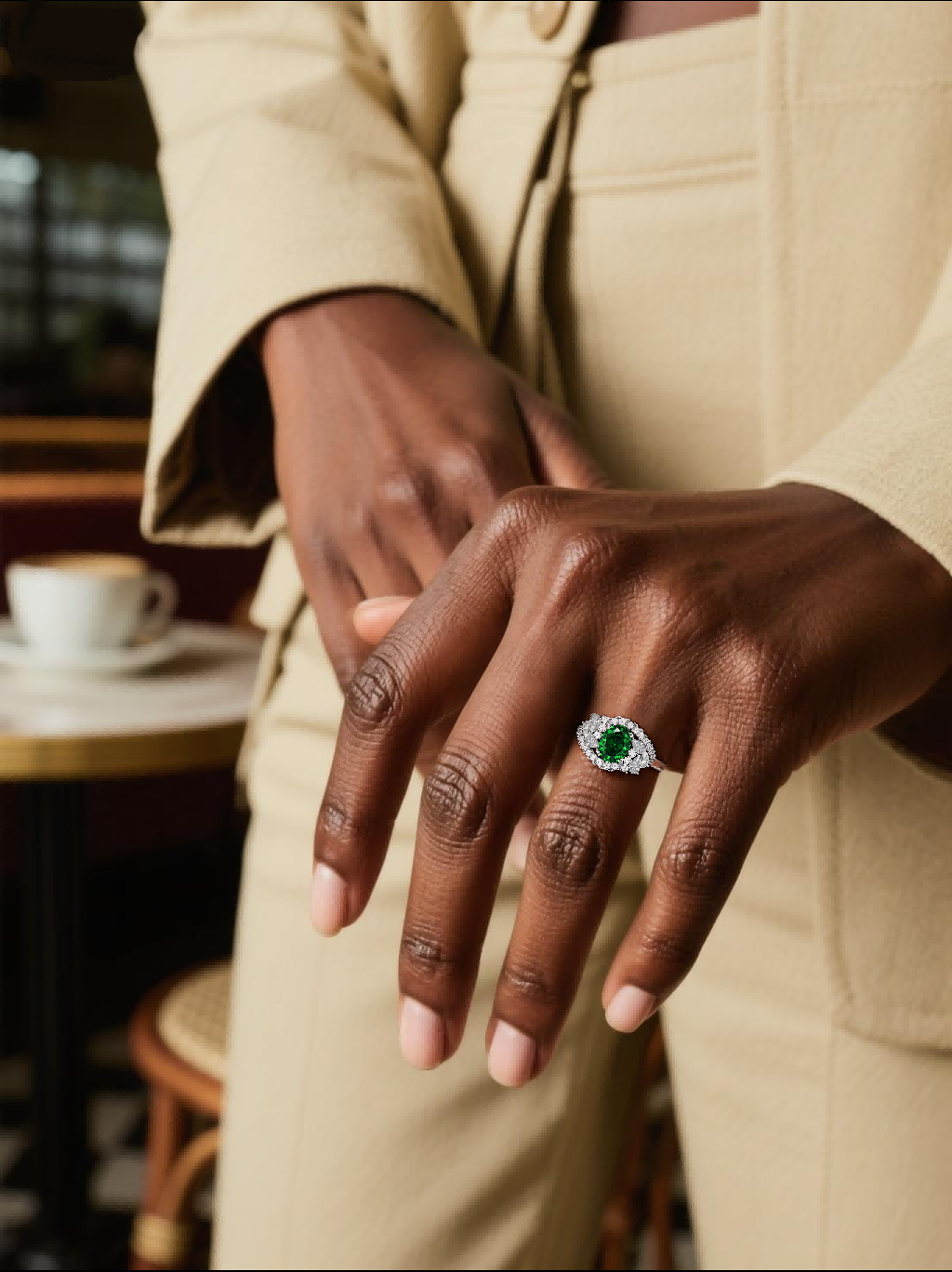 Customer wearing BuzzBloom oval emerald halo ring at café table, women’s fine jewelry