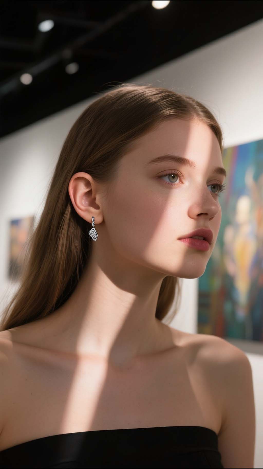 Customer wearing BuzzBloom moissanite drop earrings at art gallery, elegant women’s jewelry
