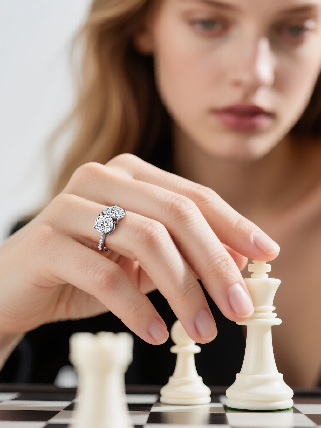 Customer wearing BuzzBloom two-stone engagement ring while playing chess – elegant women’s jewelry lifestyle