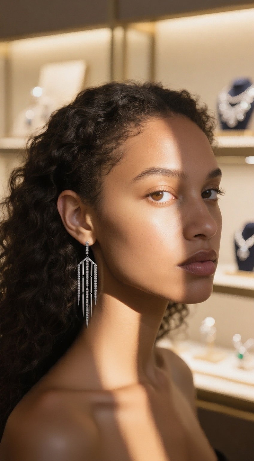 Customer wearing long fringe silver earrings, side profile in luxury jewelry store, fashion-forward woman