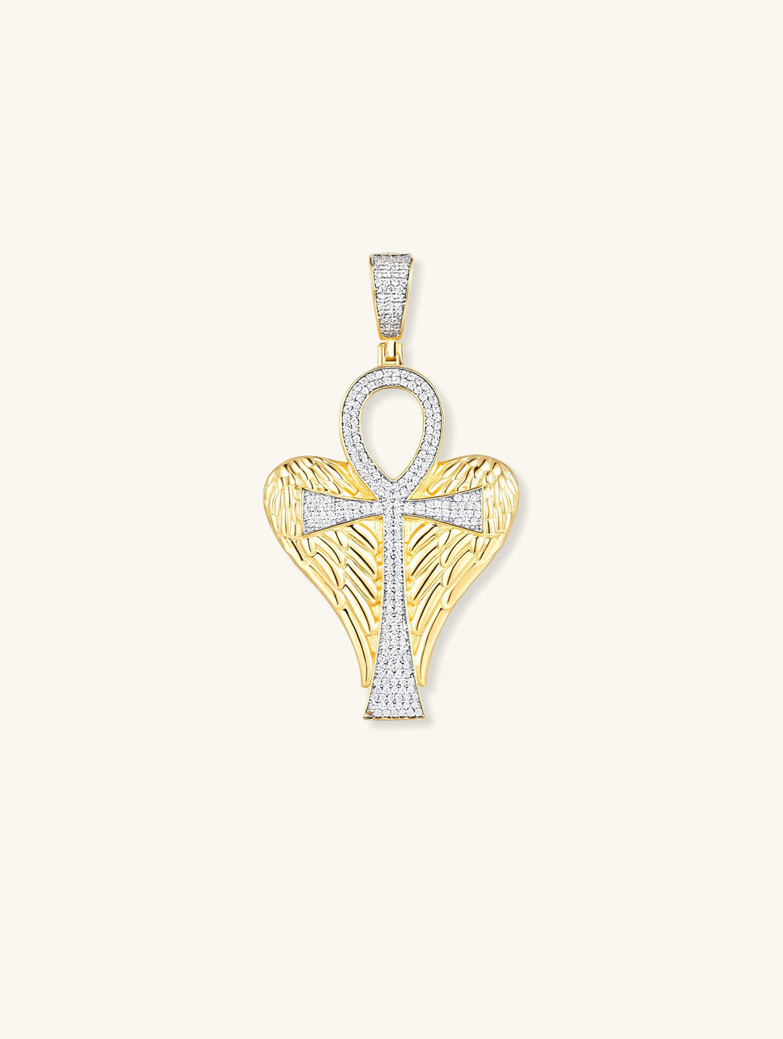 Own Your Bloom 14K diamond Egyptian Ankh cross pendant with angel wings, front view on white, New York.