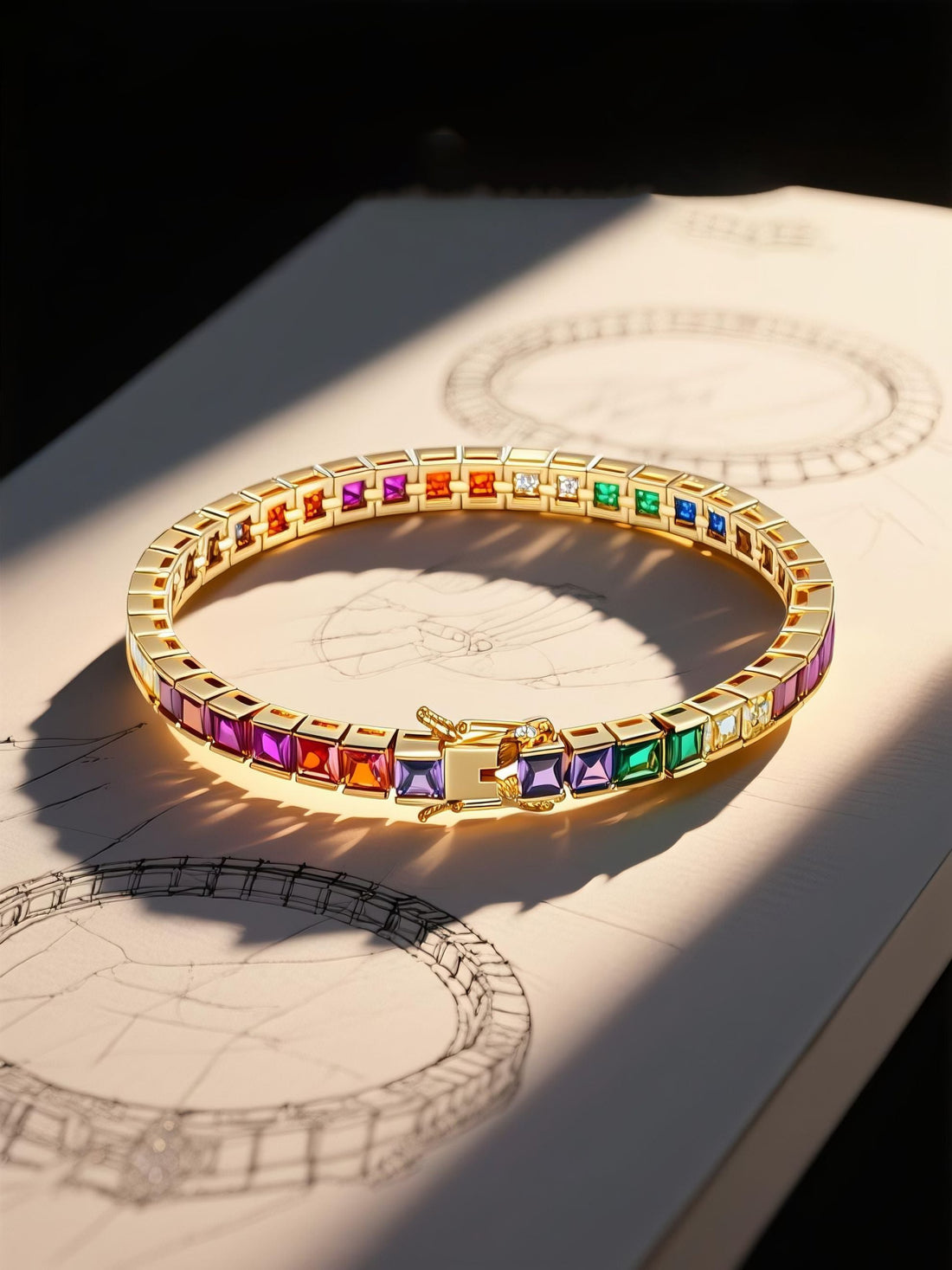 Own Your Bloom 14K rainbow diamond bracelet on sketch background under soft light, artisan craftsmanship jewelry, Los Angeles.