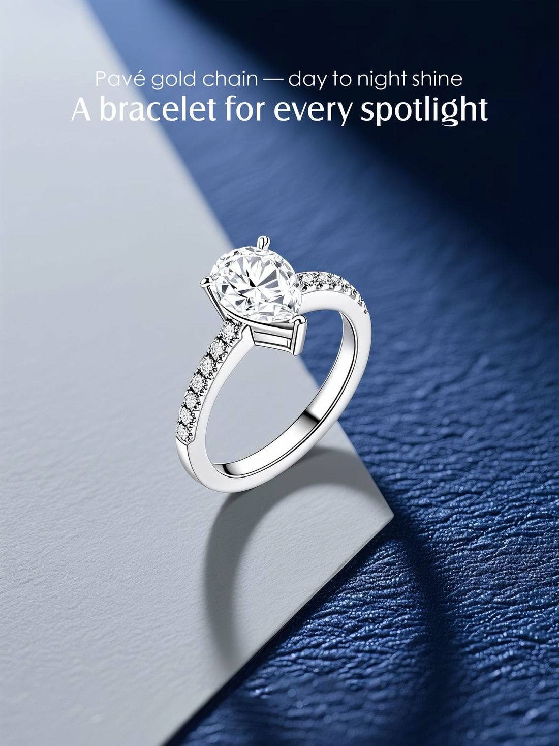 Own Your Bloom 14K large teardrop-shaped diamond ring front view with pavé band and pear-cut brilliance, fine jewelry New York.