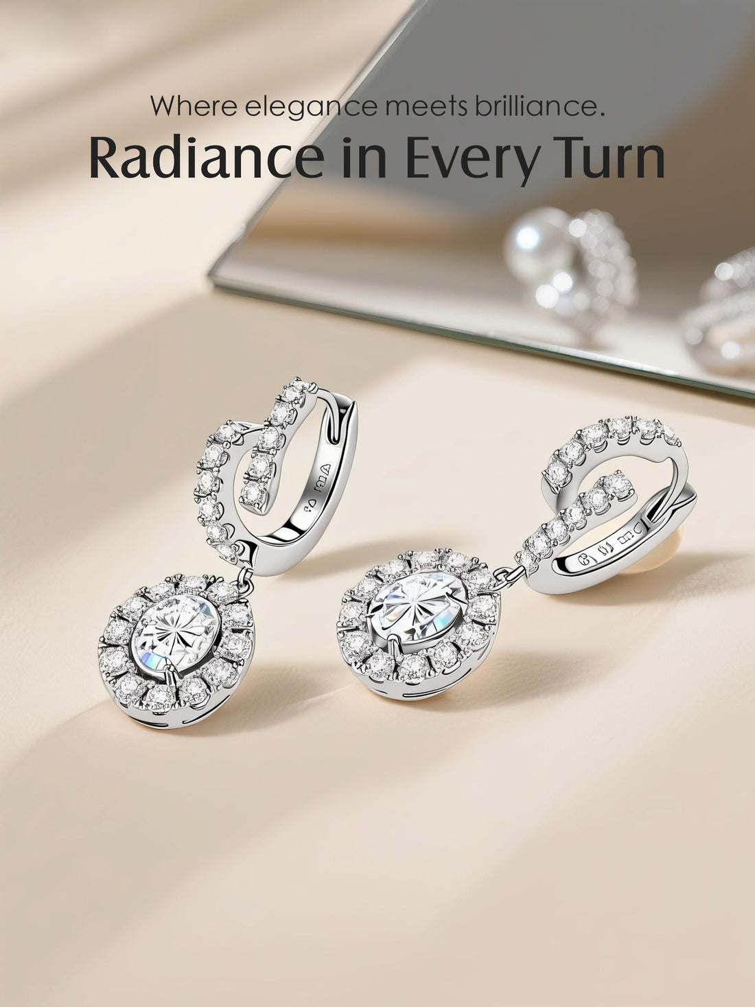 Own Your Bloom 14K round treasure diamond earrings displayed in soft light luxury studio with reflection, Los Angeles.