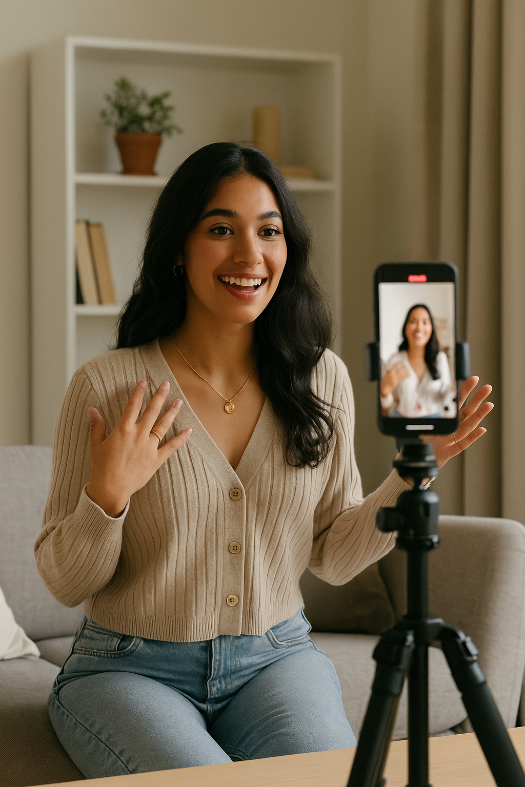 Young female creator filming a short video on her smartphone tripod in a cozy living room, wearing delicate gold jewelry, cover image for an Own Your Bloom story about influencers turning content into a jewelry brand.