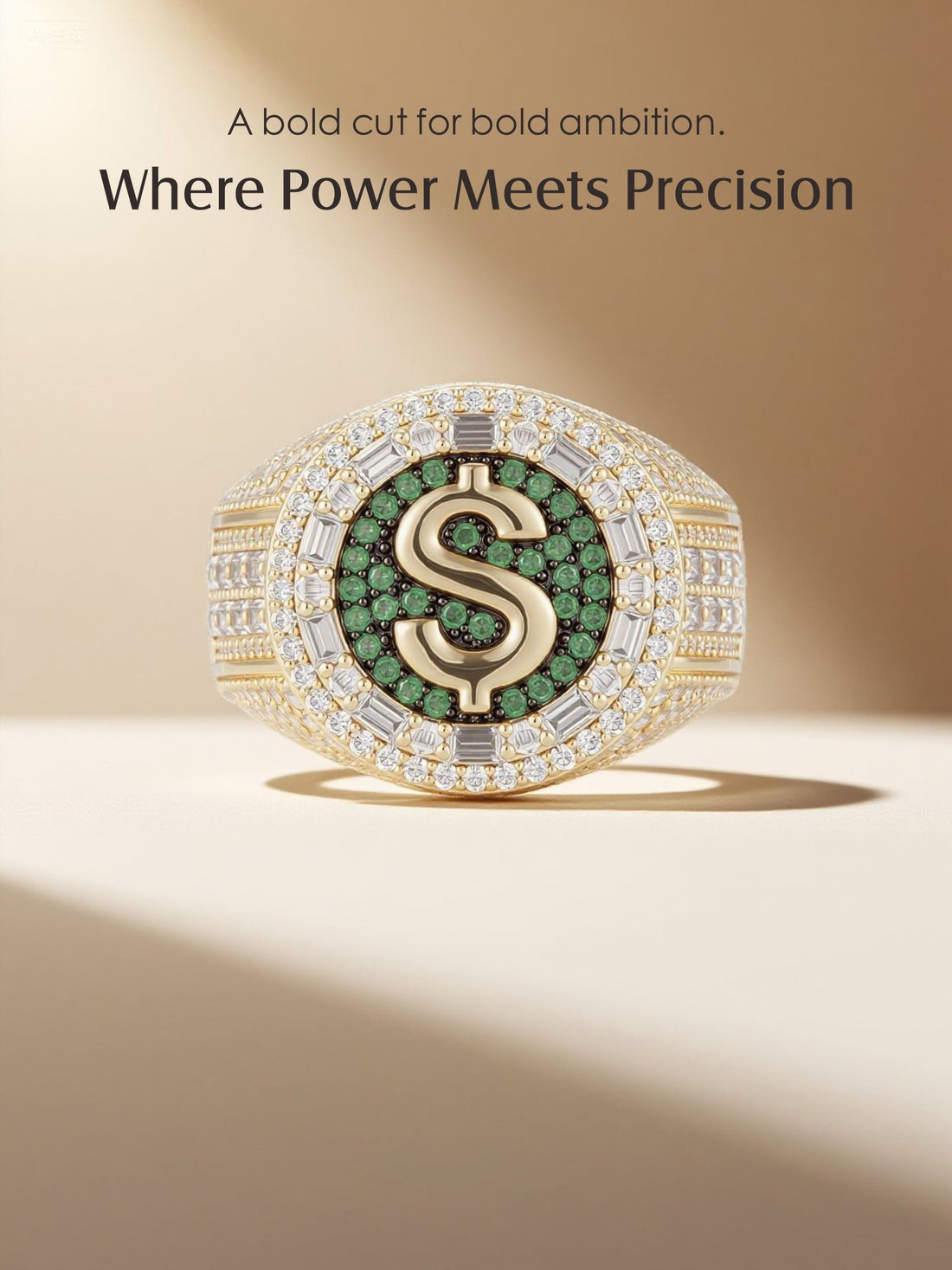 Studio hero of Own Your Bloom 14K gold-plated dollar sign ring with green pavé center and halo detail.