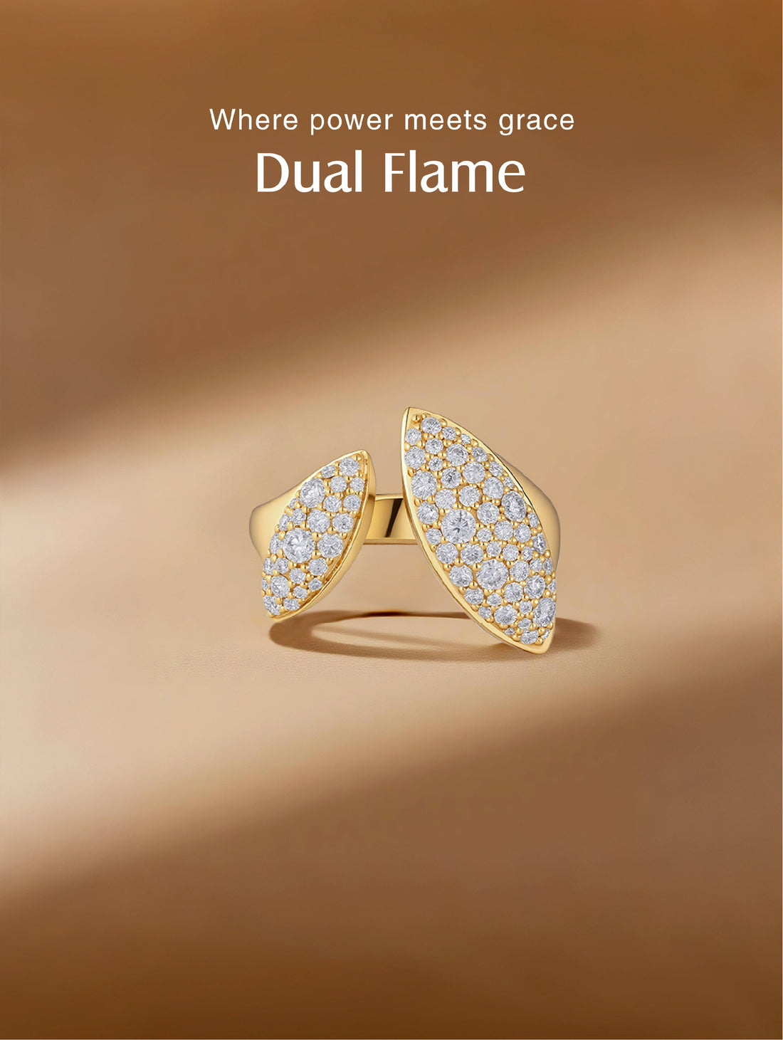 Own Your Bloom Dual Flame moissanite ring displayed on warm golden surface, symbolizing elegance and empowerment, Miami.