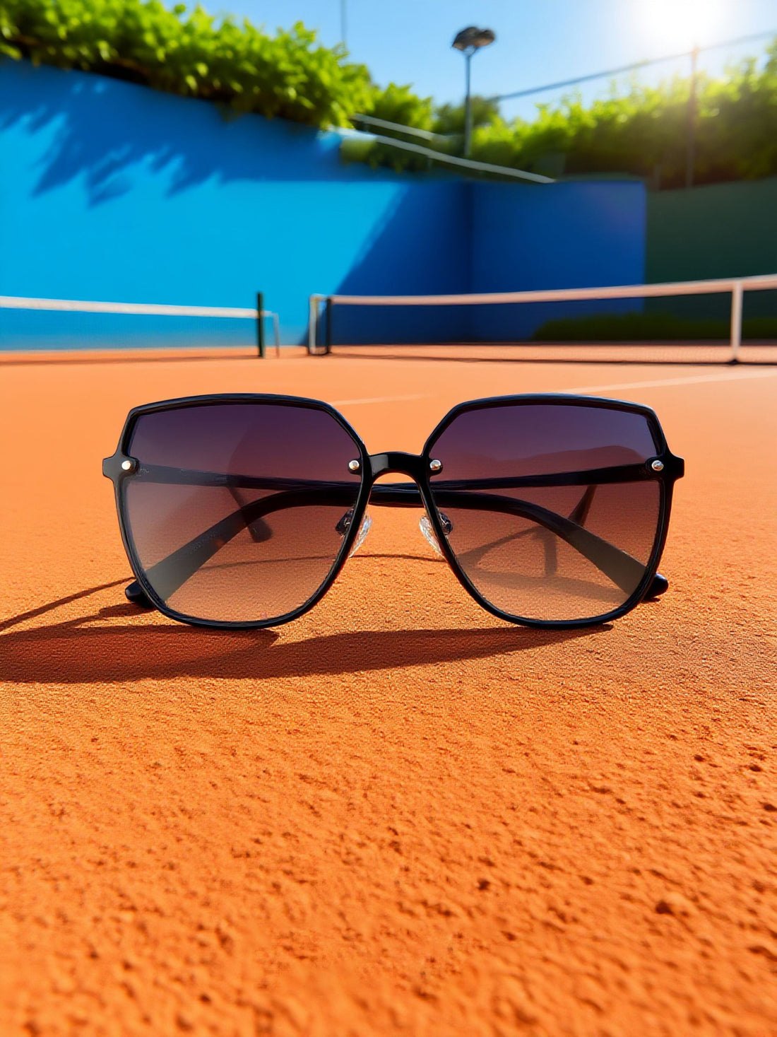 Own Your Bloom edge-sealed sunglasses placed on tennis court, luxury sports eyewear lifestyle, Miami.