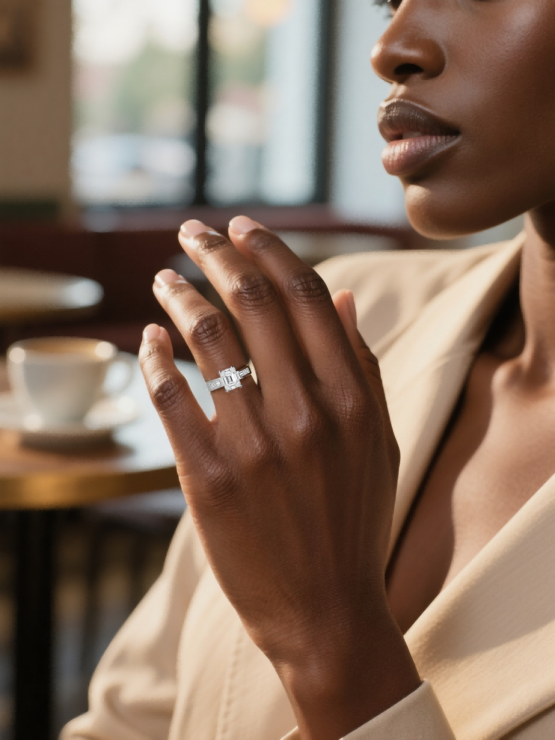 Model wearing the Own Your Bloom emerald-cut diamond engagement ring in a café close-up, Atlanta.