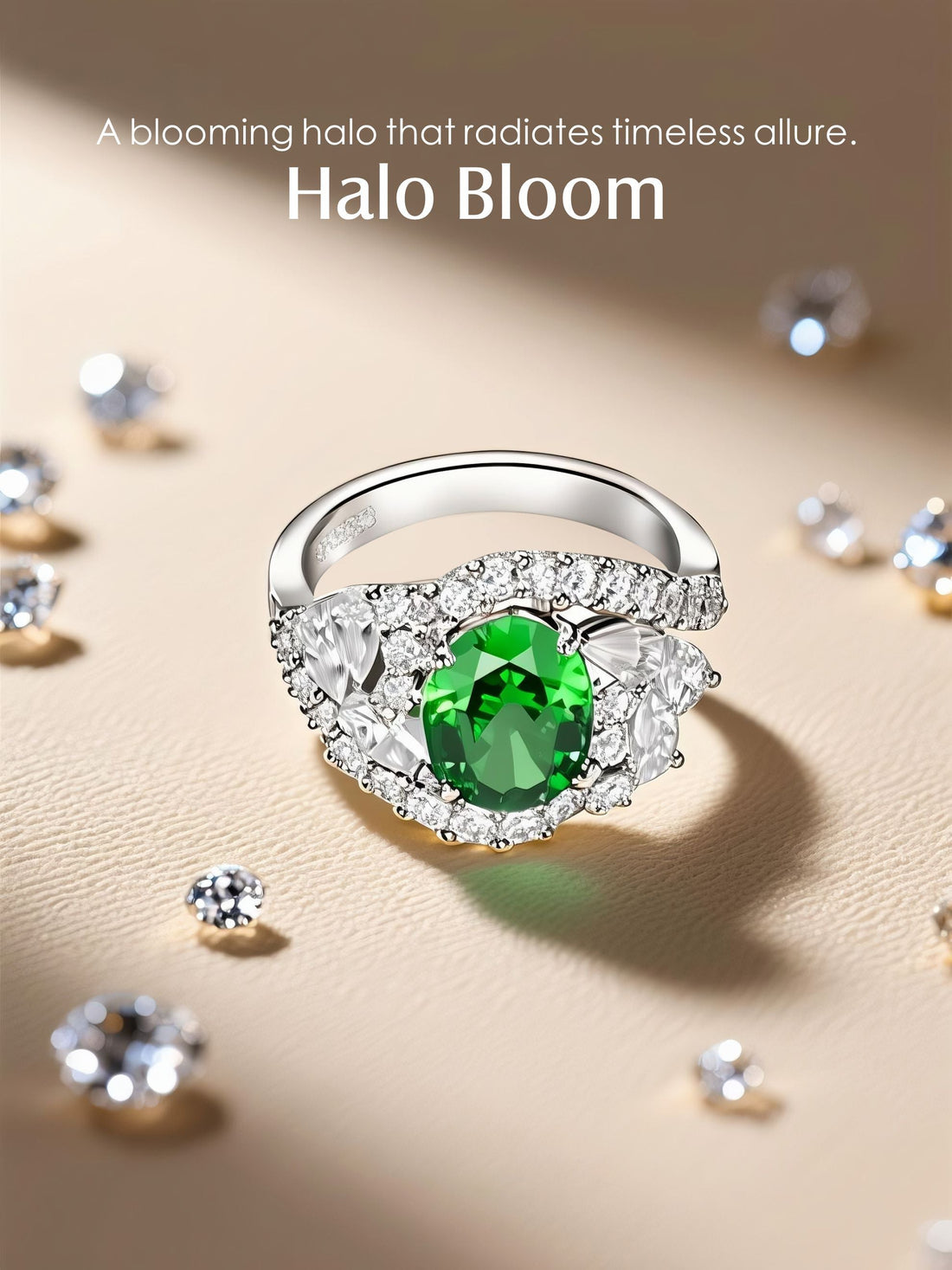 Own Your Bloom emerald oval halo ring with sparkling diamond accents and elegant white gold setting, Chicago.