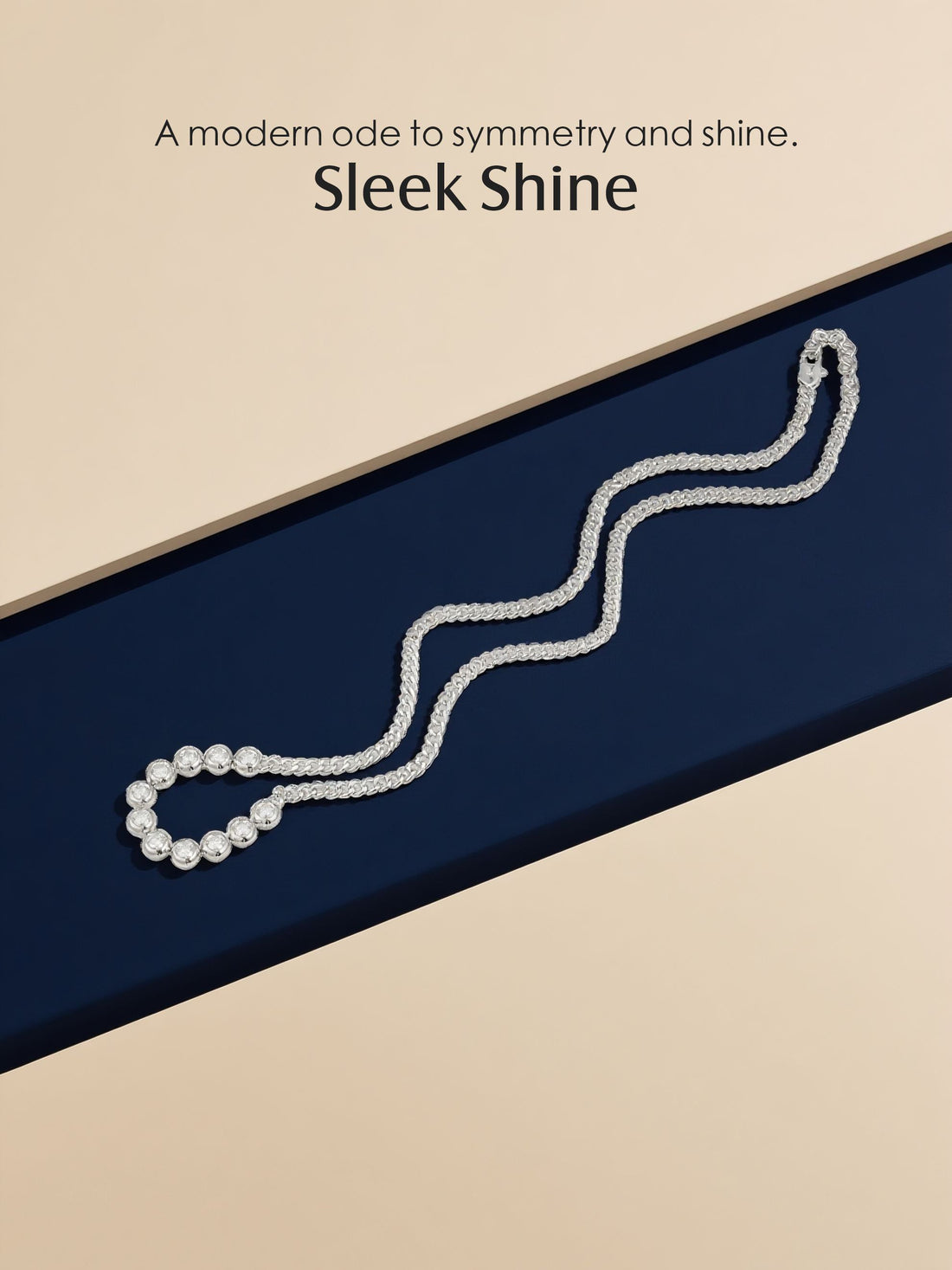 Own Your Bloom silver bezel moissanite necklace displayed on soft beige and navy background with elegant studio lighting, Miami.