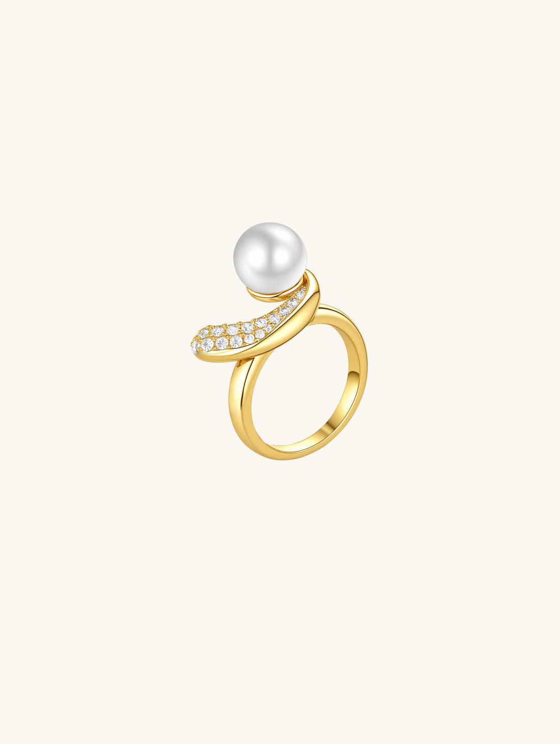 Own Your Bloom Australian White Shell Pearl 14K Diamond Ring on white background, pavé diamond swirl band, US market, New York NY