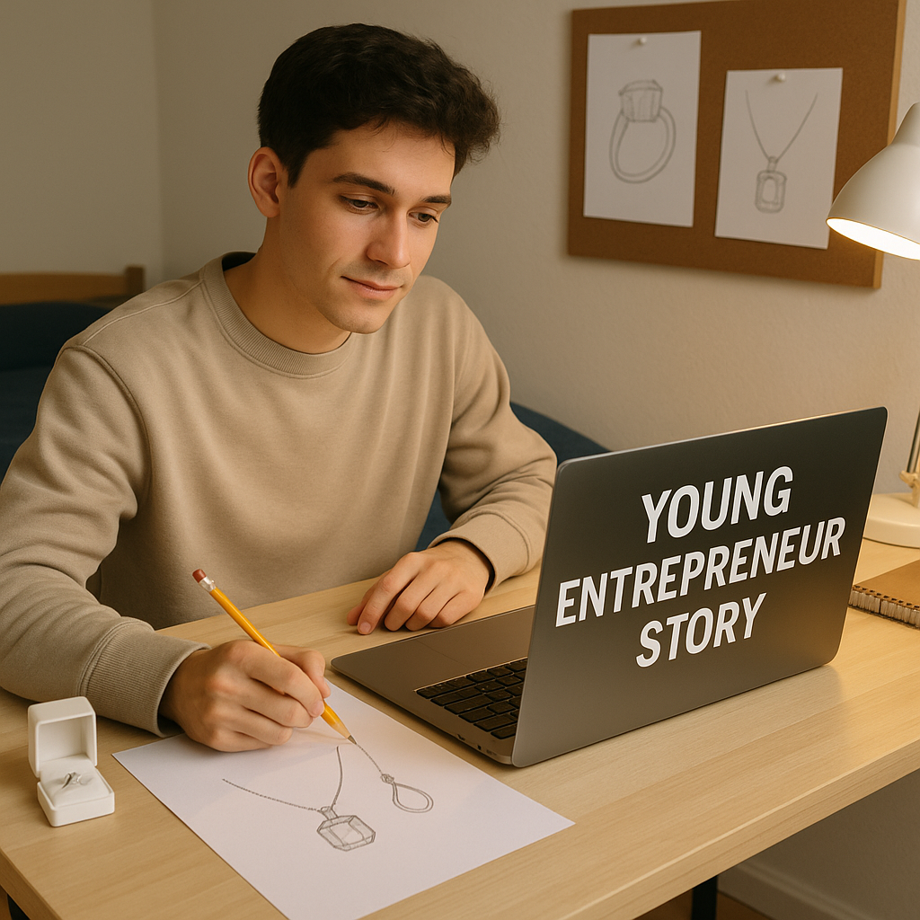 Young male jewelry entrepreneur designing sketches at a laptop in his Austin dorm room, cover image for an Own Your Bloom founder story about starting a brand from scratch in the United States.