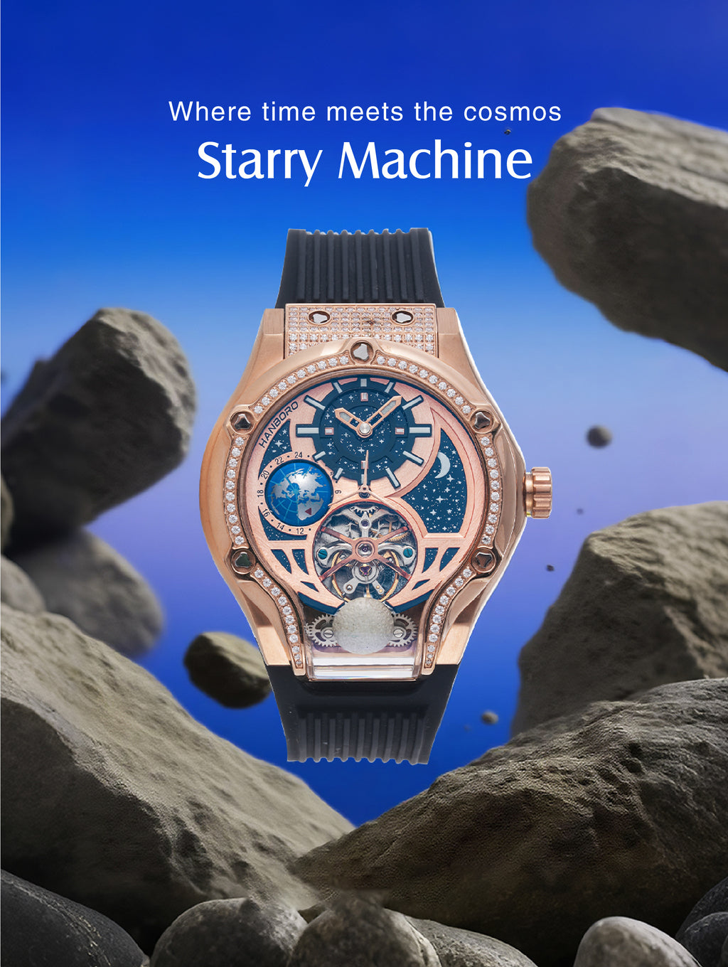 Men's Watch with a 304 Stainless Steel, Crystal, and Diamond-Set Mechanical Movement, Rose Gold