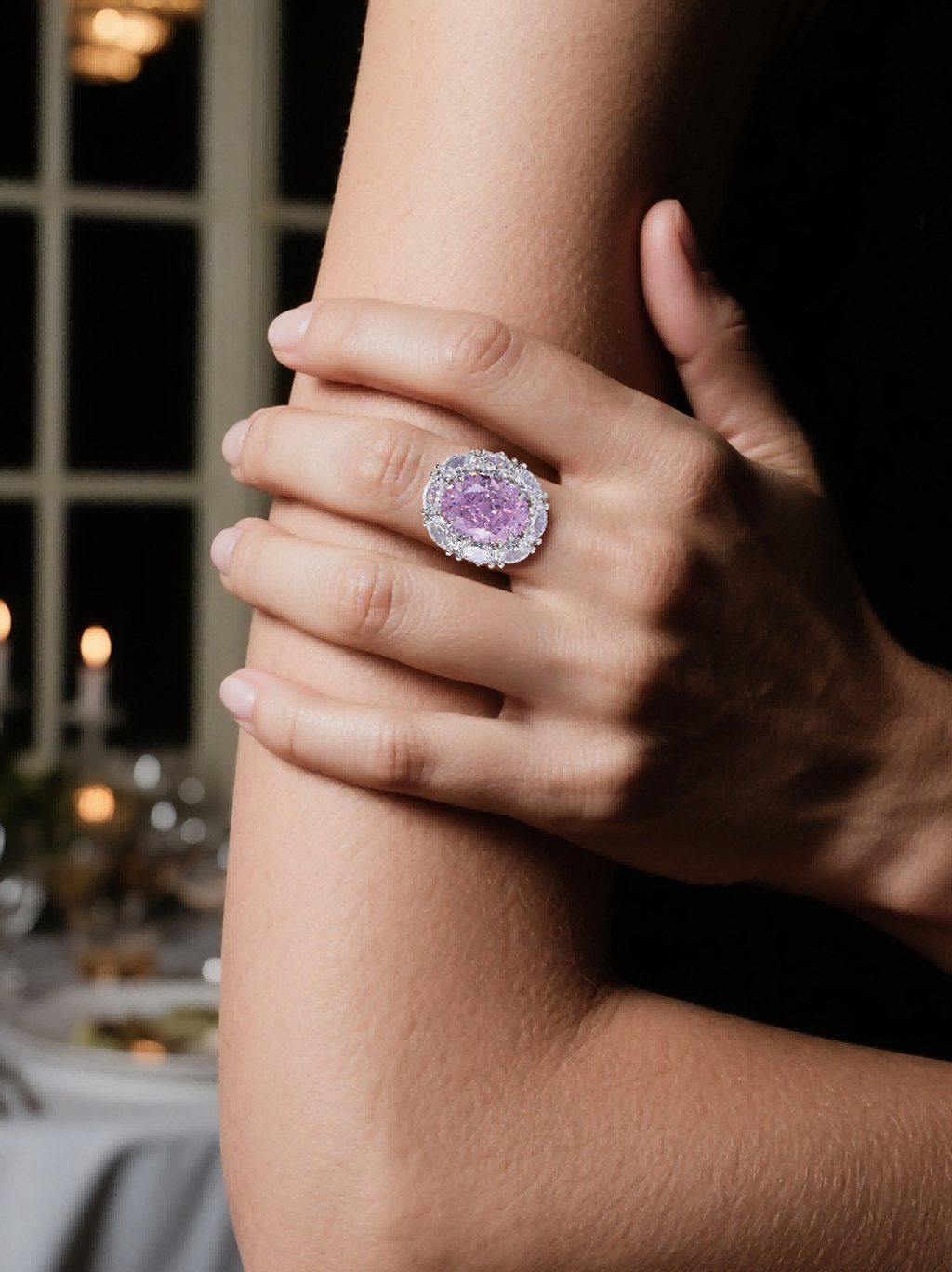 Customer wearing BuzzBloom 14K luxury diamond ring while enjoying coffee in a café, modern women’s jewelry lifestyle