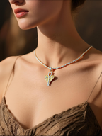 BuzzBloom customer wearing Egyptian ankh diamond necklace gold cross pendant, stylish lifestyle scene for modern women