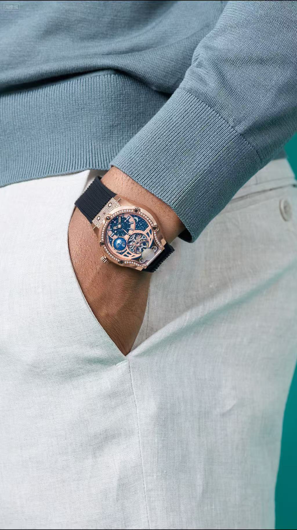 BuzzBloom customer wearing luxury rose gold mechanical tourbillon watch with diamond bezel while carrying leather bag – men’s fashion lifestyle