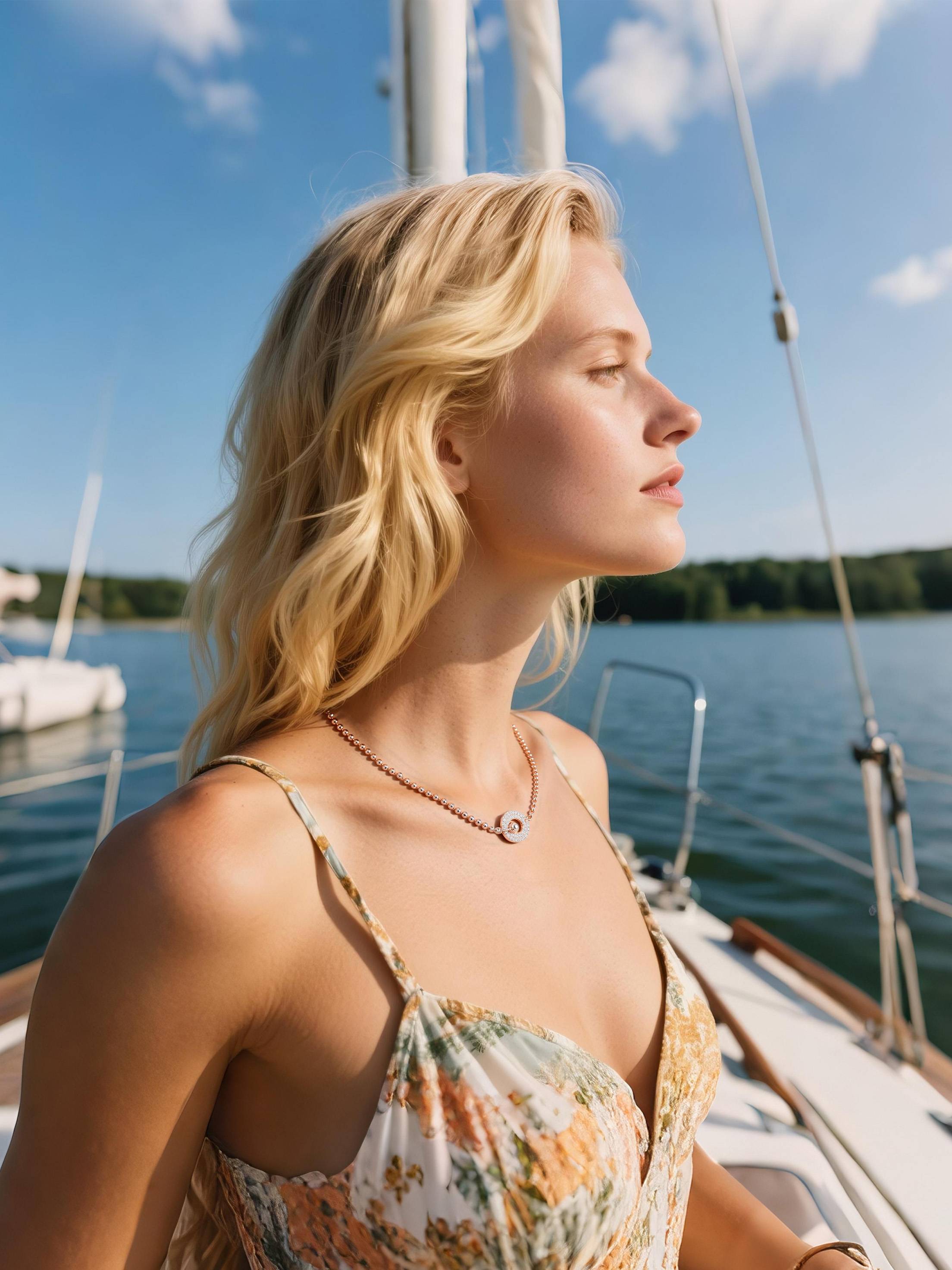 Customer wearing minimalist rose gold pendant necklace close-up, feminine detail shot