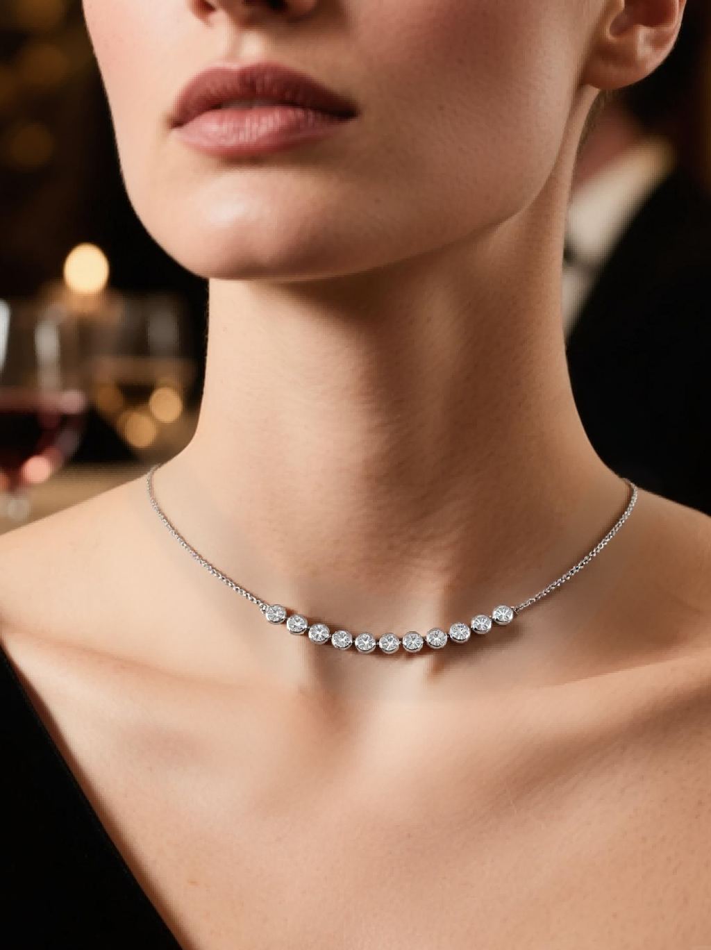 BuzzBloom customer wearing sterling silver moissanite choker with dainty chain in outdoor lifestyle scene, modern elegant necklace for women