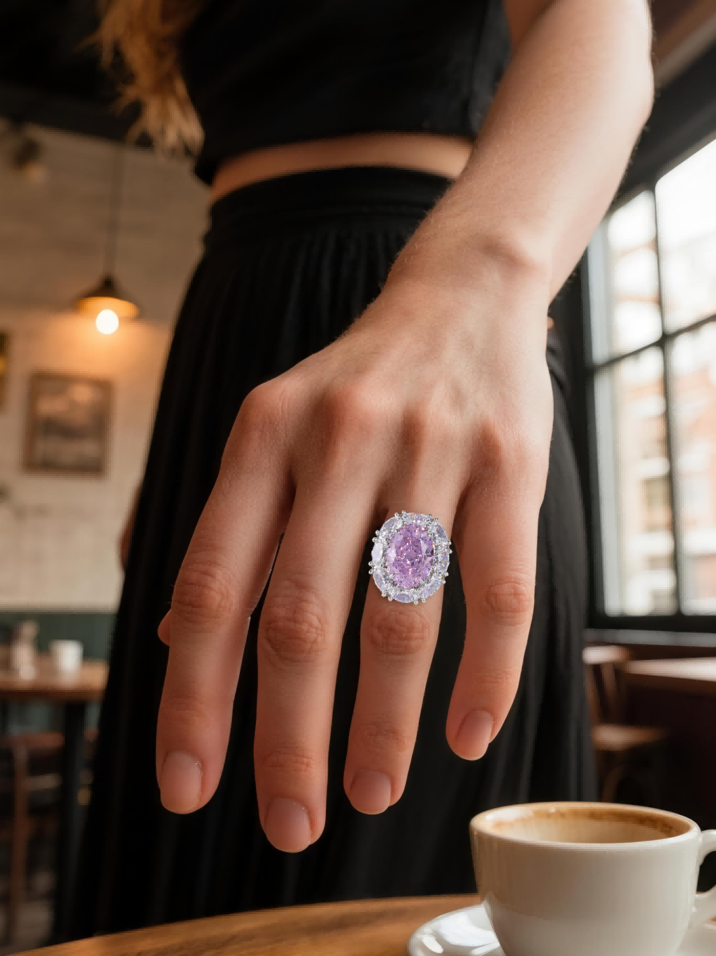 Customer wearing BuzzBloom 14K gold diamond ring at elegant dinner setting, luxury jewelry for women