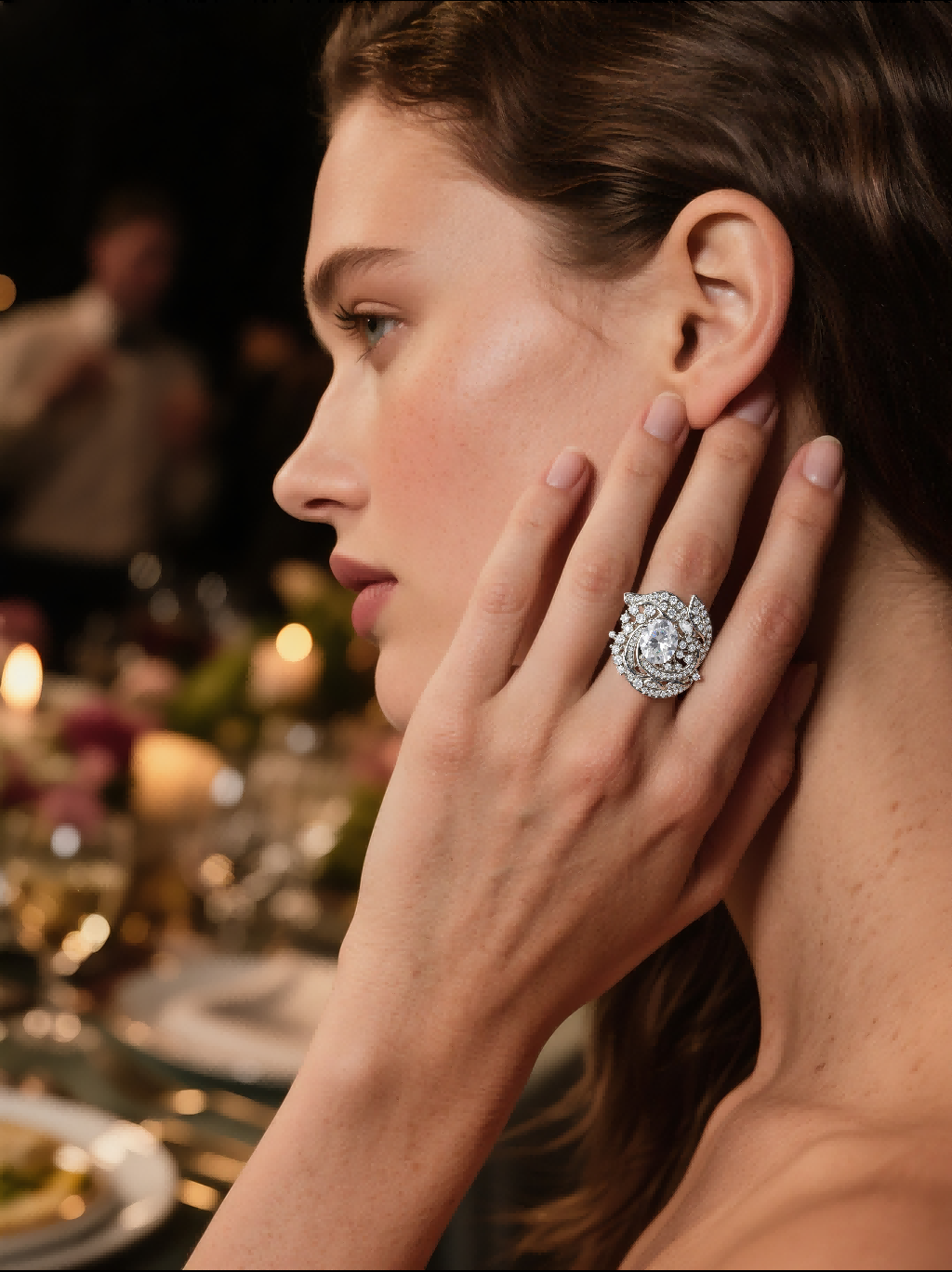 BuzzBloom customer wearing gemstone flower ring at luxury banquet scene, stylish women’s jewelry choice