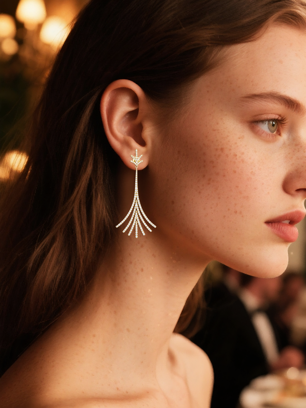 BuzzBloom customer wearing diamond tassel chandelier earrings at upscale dinner party, statement style for modern women