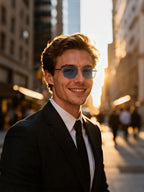 BuzzBloom customer wearing polarized rectangular sunglasses close-up under daylight, targeting sleek modern style