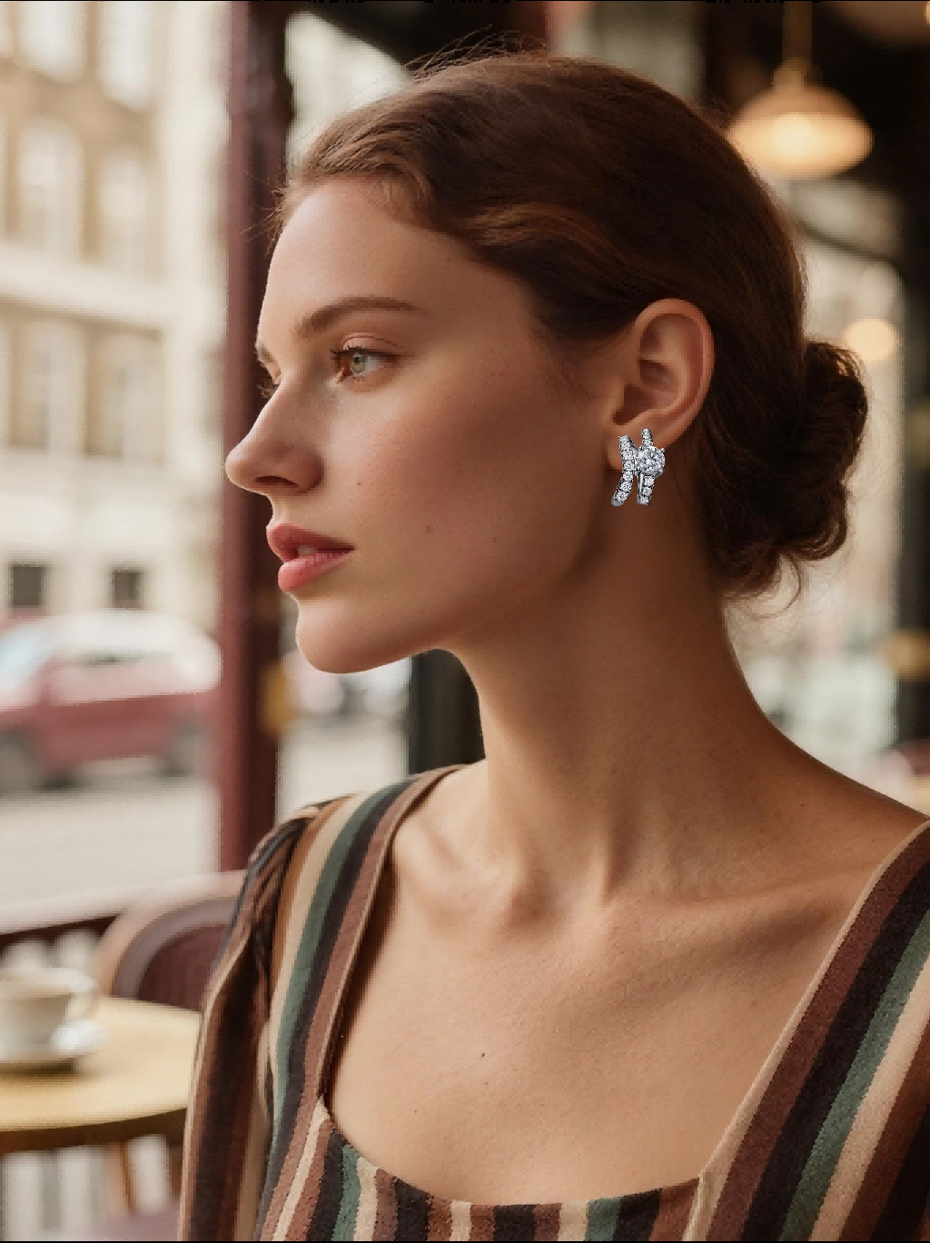 BuzzBloom customer wearing bow ribbon stud earrings during luxury dinner party, elegant women’s jewelry