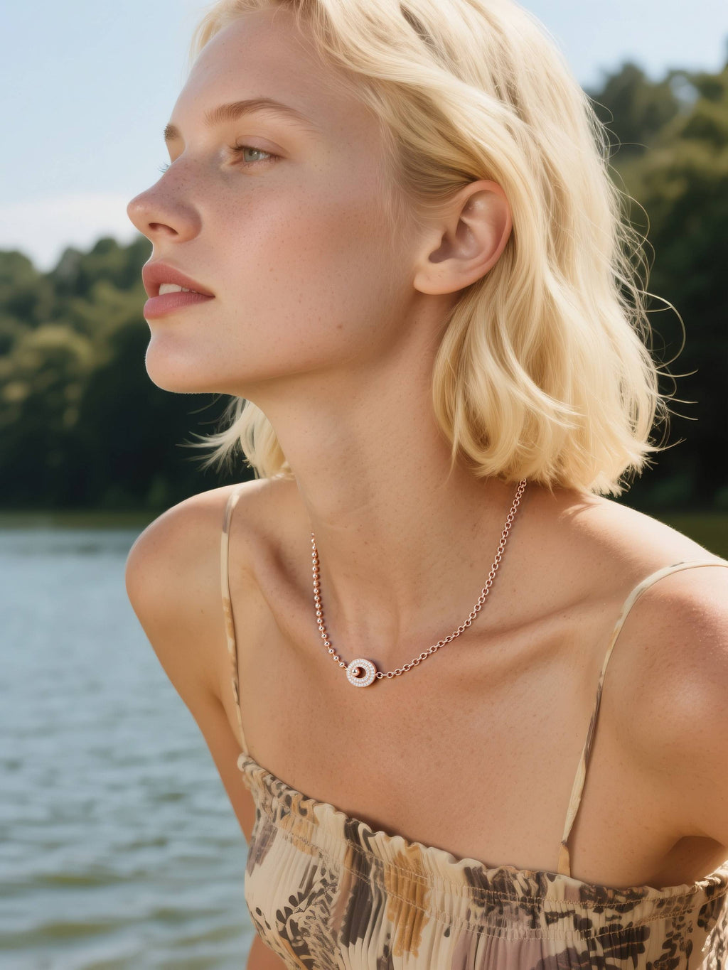 Customer wearing rose gold beaded necklace by the lake, young woman enjoying nature