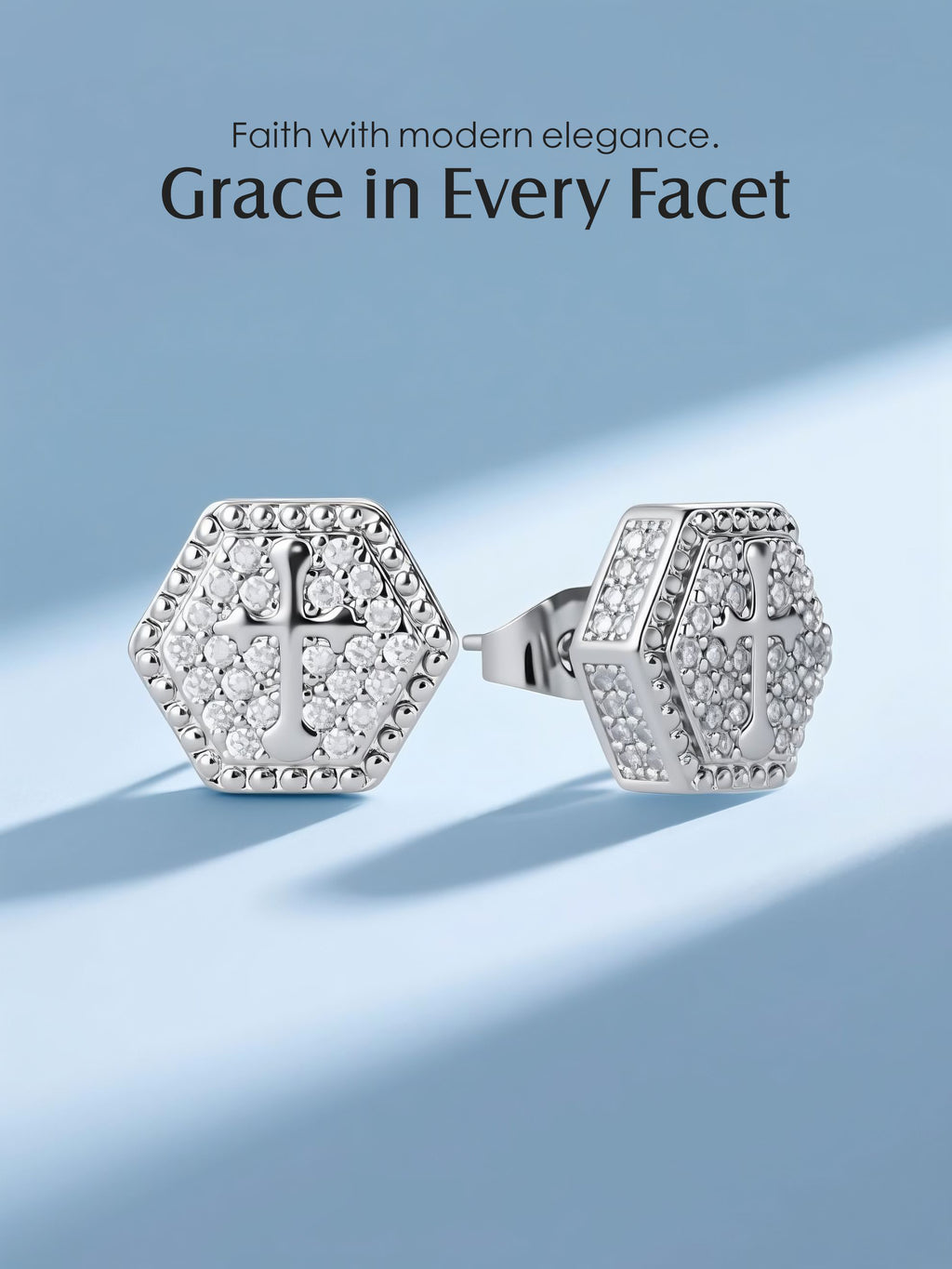 14K Hexagonal Cross Diamond Stud Earrings