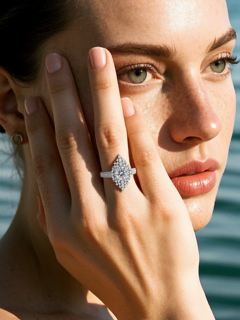 Customer wearing BuzzBloom 14K Diamond Snow Queen Ring by the sea, elegant woman style