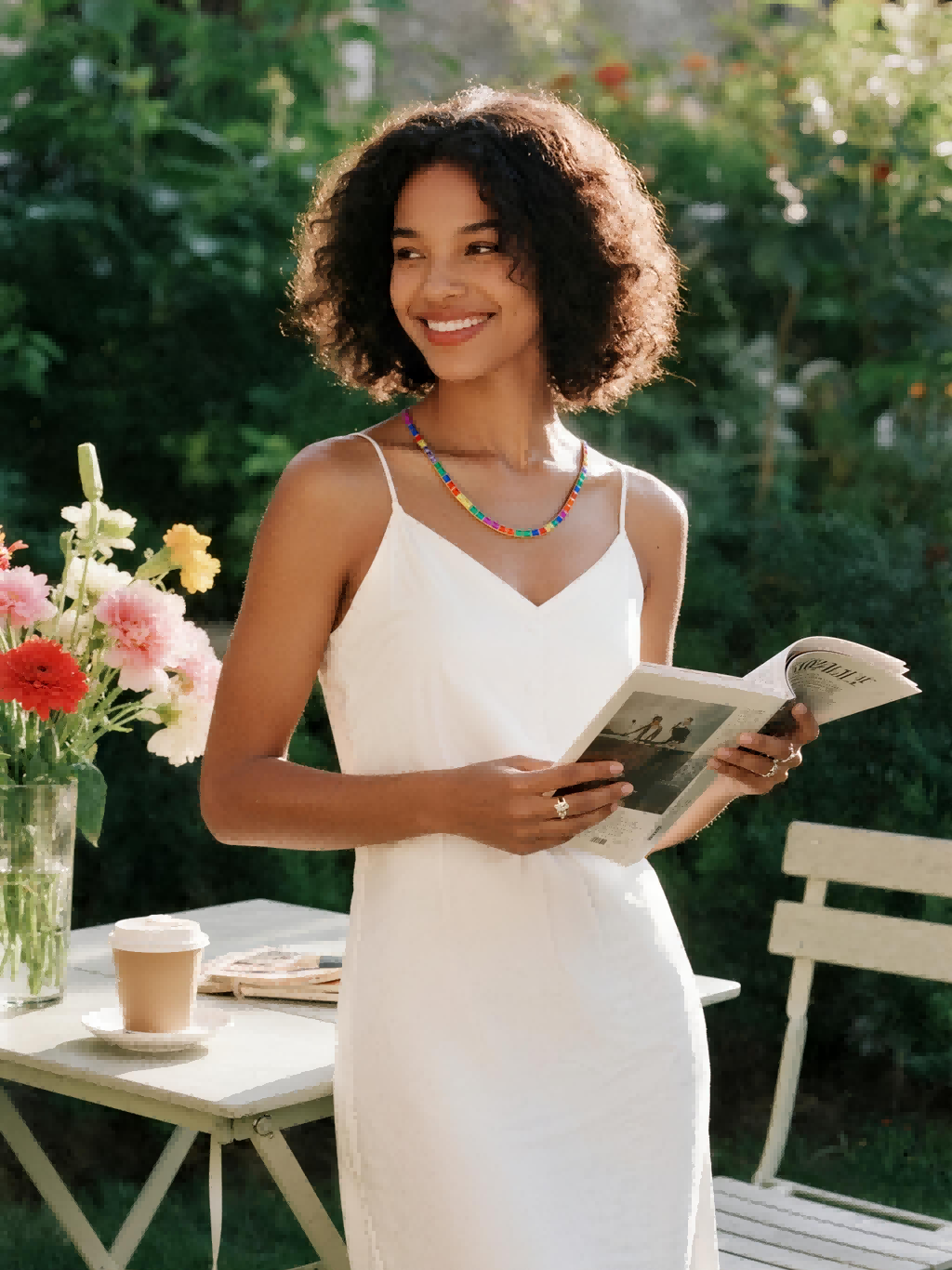 Customer wearing BuzzBloom 14K gold rainbow necklace in a garden scene, elegant jewelry for women