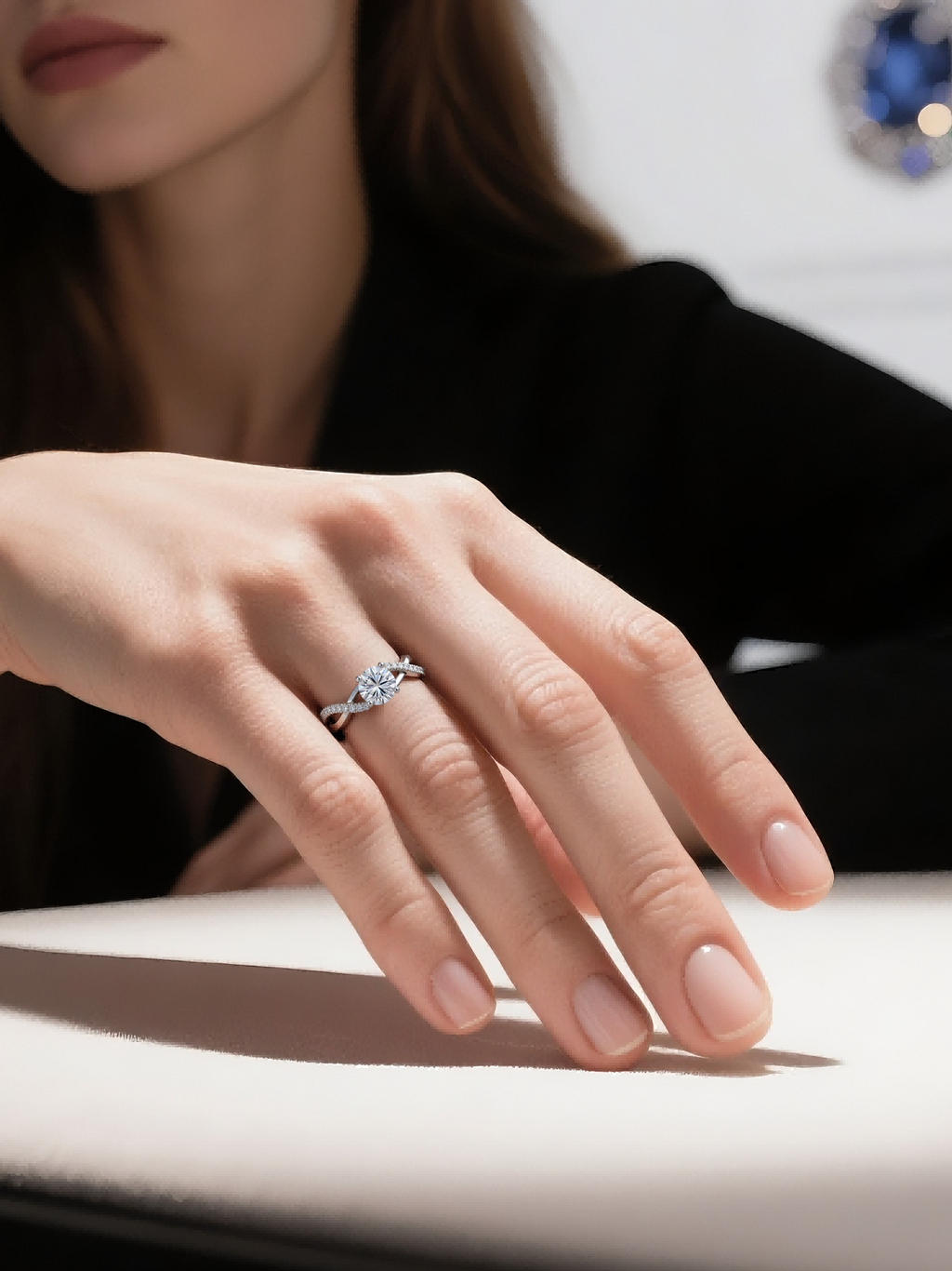 Customer wearing BuzzBloom diamond solitaire ring with vine-inspired band in a jewelry showcase scene, elegant women