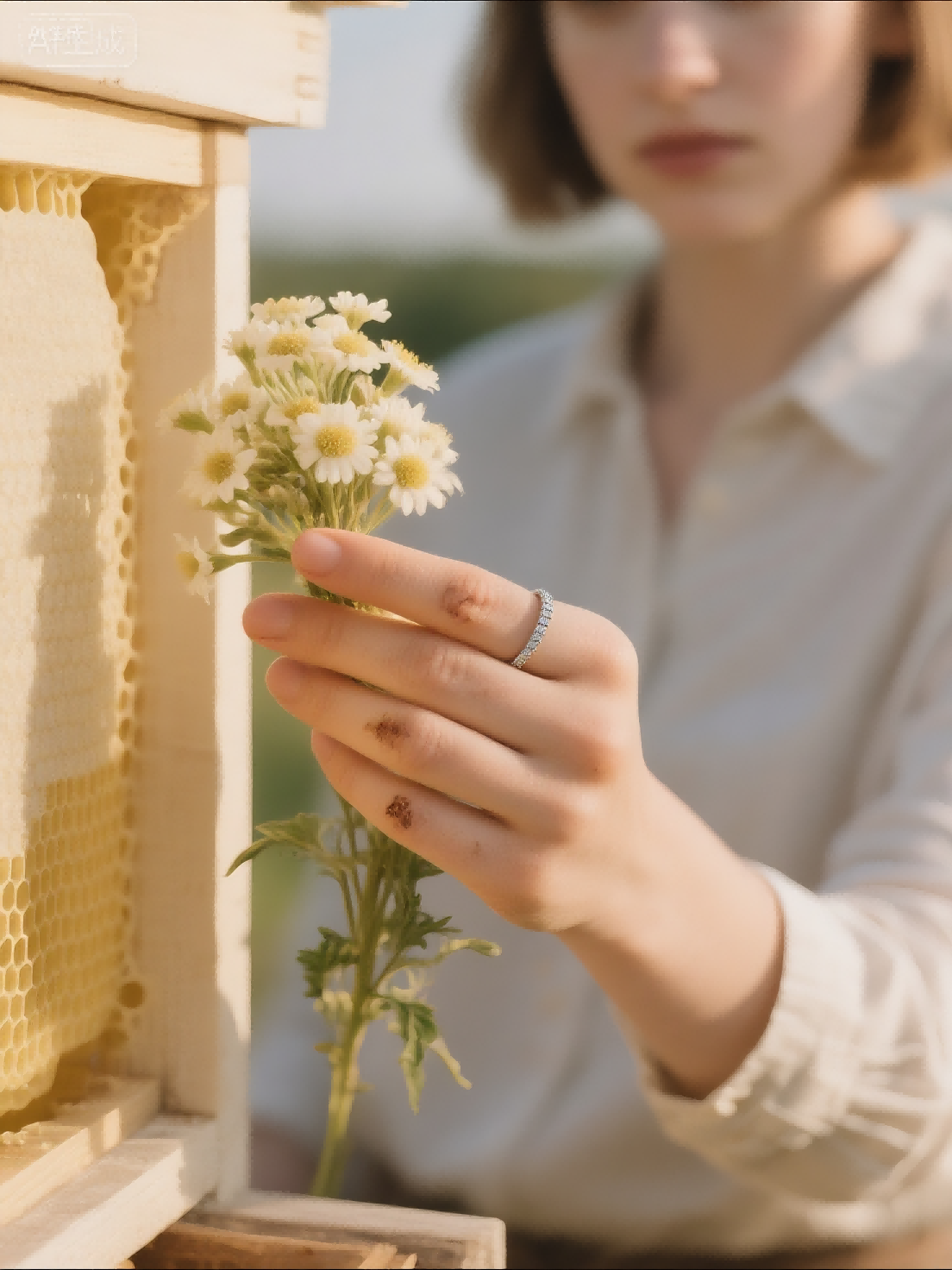 Customer wearing BuzzBloom 14K row diamond ring while holding flowers outdoors, modern women jewelry style