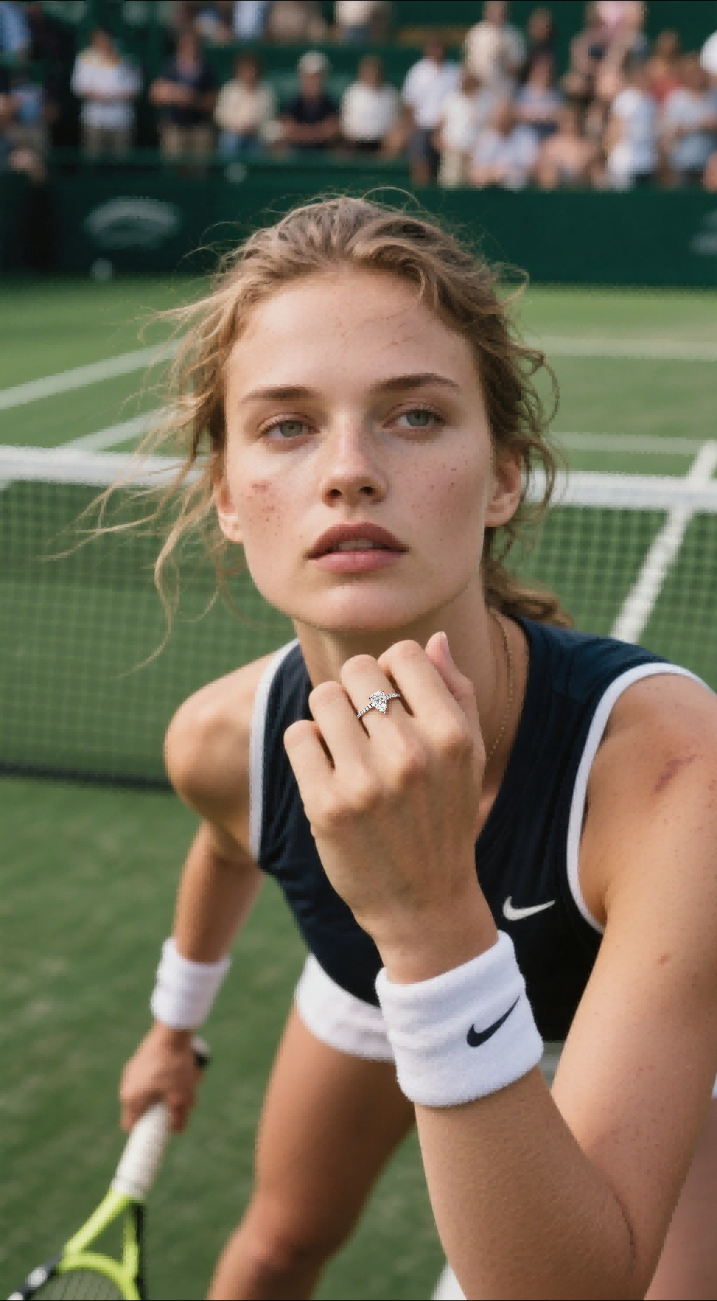 Model wearing BuzzBloom luxury 14K white gold teardrop diamond ring, women’s fashion lifestyle jewelry scene