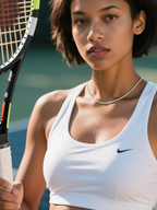 Customer styling BuzzBloom minimalist diamond tennis necklace on tennis court, active luxury jewelry for women