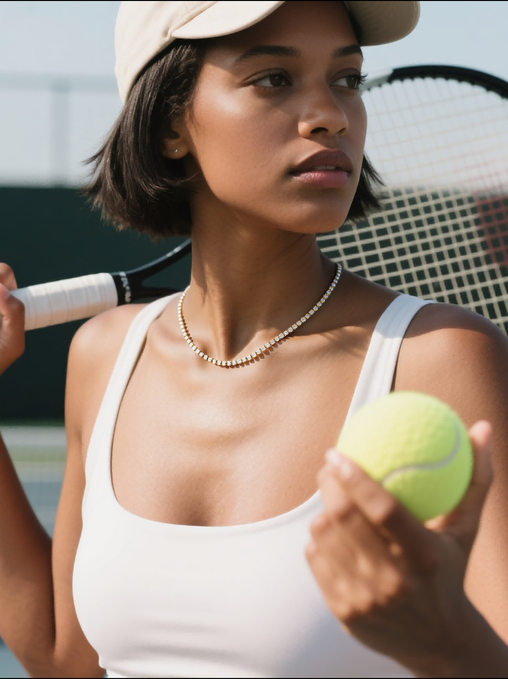 Woman wearing BuzzBloom luxury gold tennis chain 14K diamond necklace during tennis match, fine sports fashion jewelry