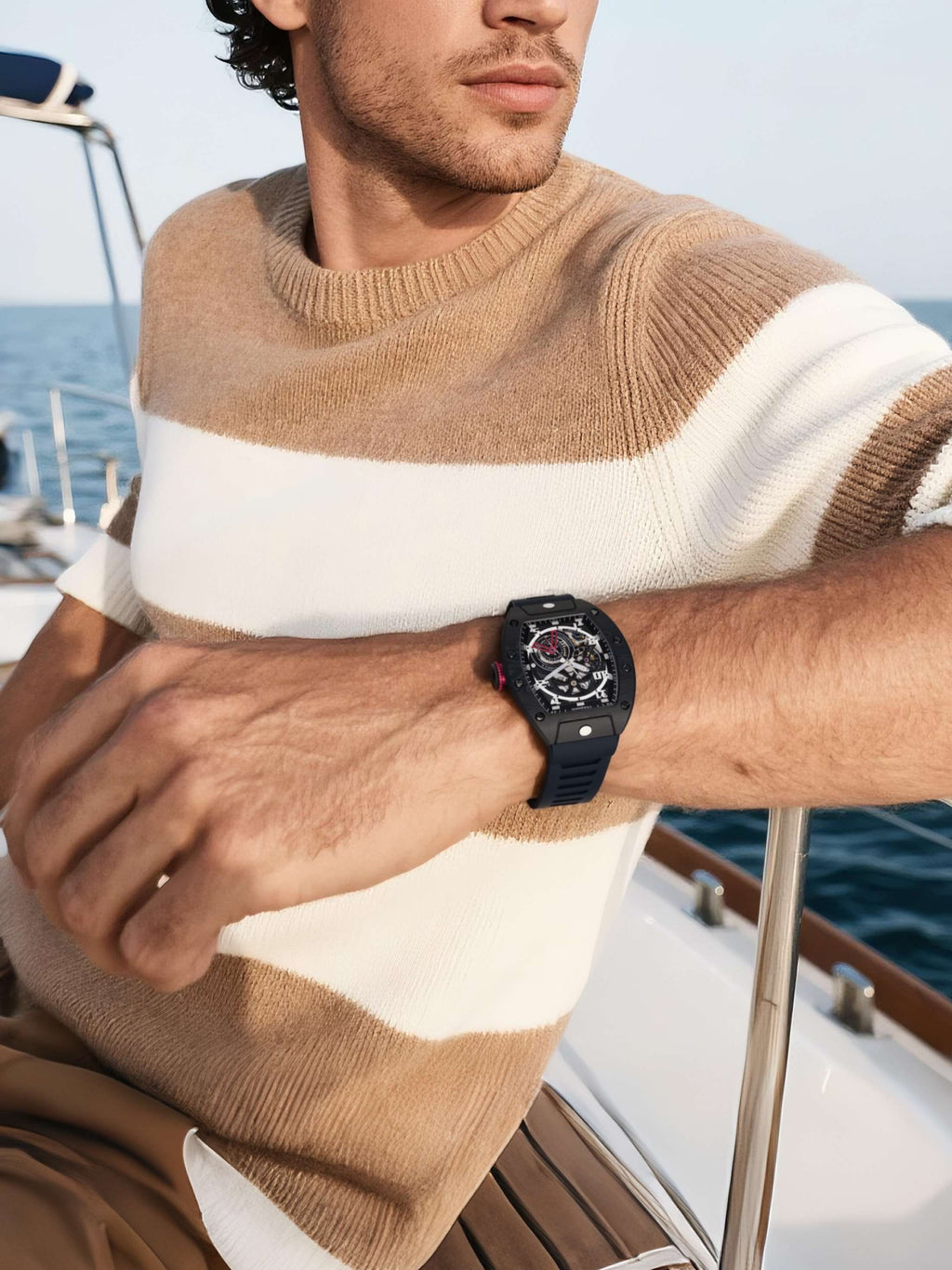 Customer wearing BuzzBloom luxury automatic skeleton dial men’s watch on yacht, stylish men lifestyle