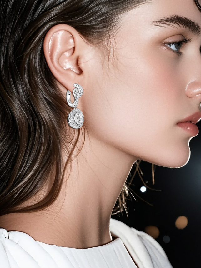 Customer wearing luxury gold drop earrings under natural sunlight with shadows, BUZZBLOOM fine jewelry for women