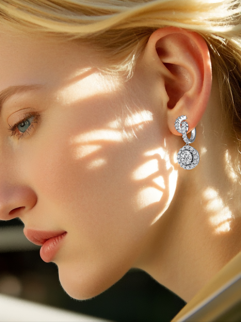 Customer wearing elegant diamond dangle earrings at evening event indoors, BUZZBLOOM fine jewelry for formal occasions