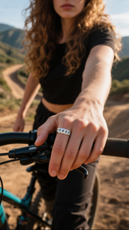 Customer close-up wearing diamond pavé Cuban link band while holding bike handle, unisex modern jewelry