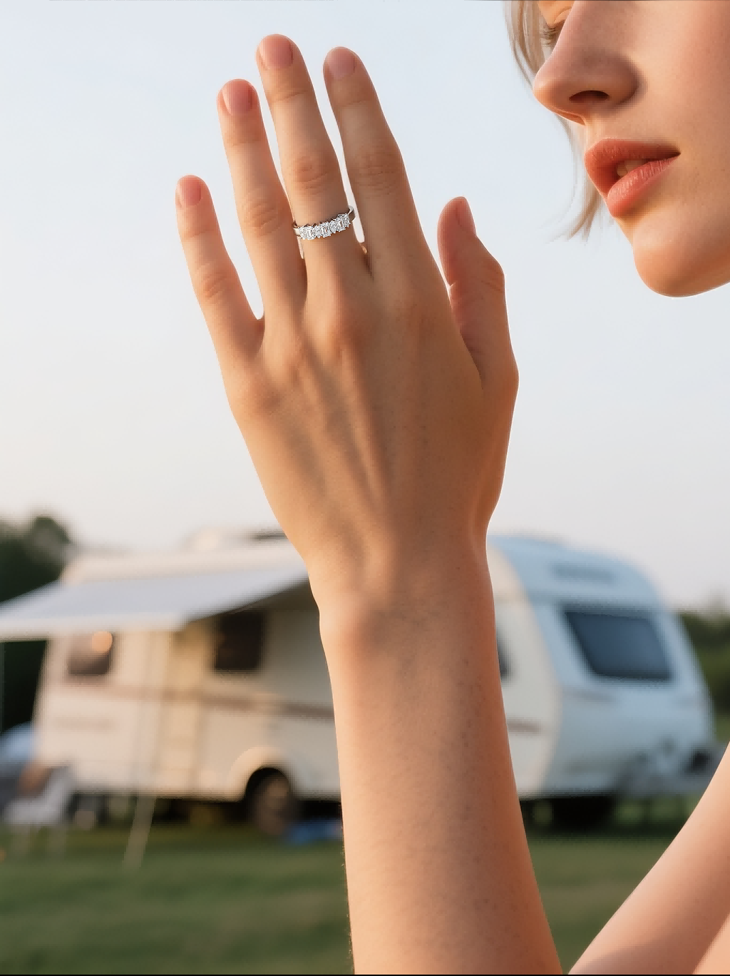 Customer wearing BuzzBloom 14k diamond band ring indoors with sunlight, stylish woman accessory