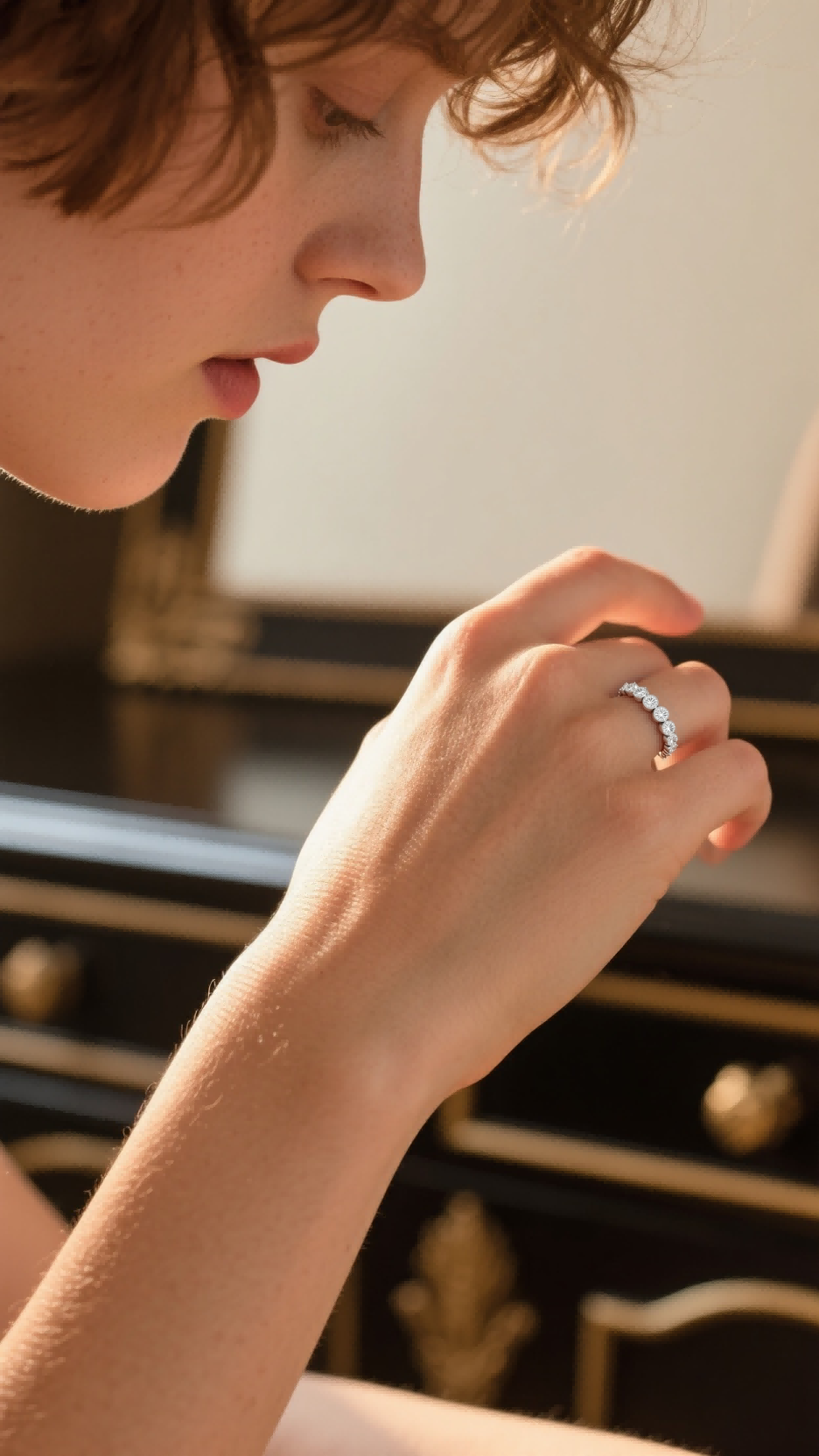 Customer wearing BuzzBloom diamond eternity band in indoor setting, suitable for women